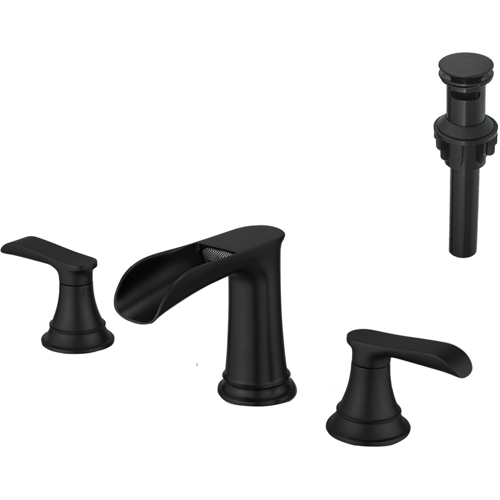 The new model is beautiful and practical Waterfall Bathroom Sink Faucet 3 Hole Dual Handle 8 Inch Bath Faucet with Plastic Perforated Drainer