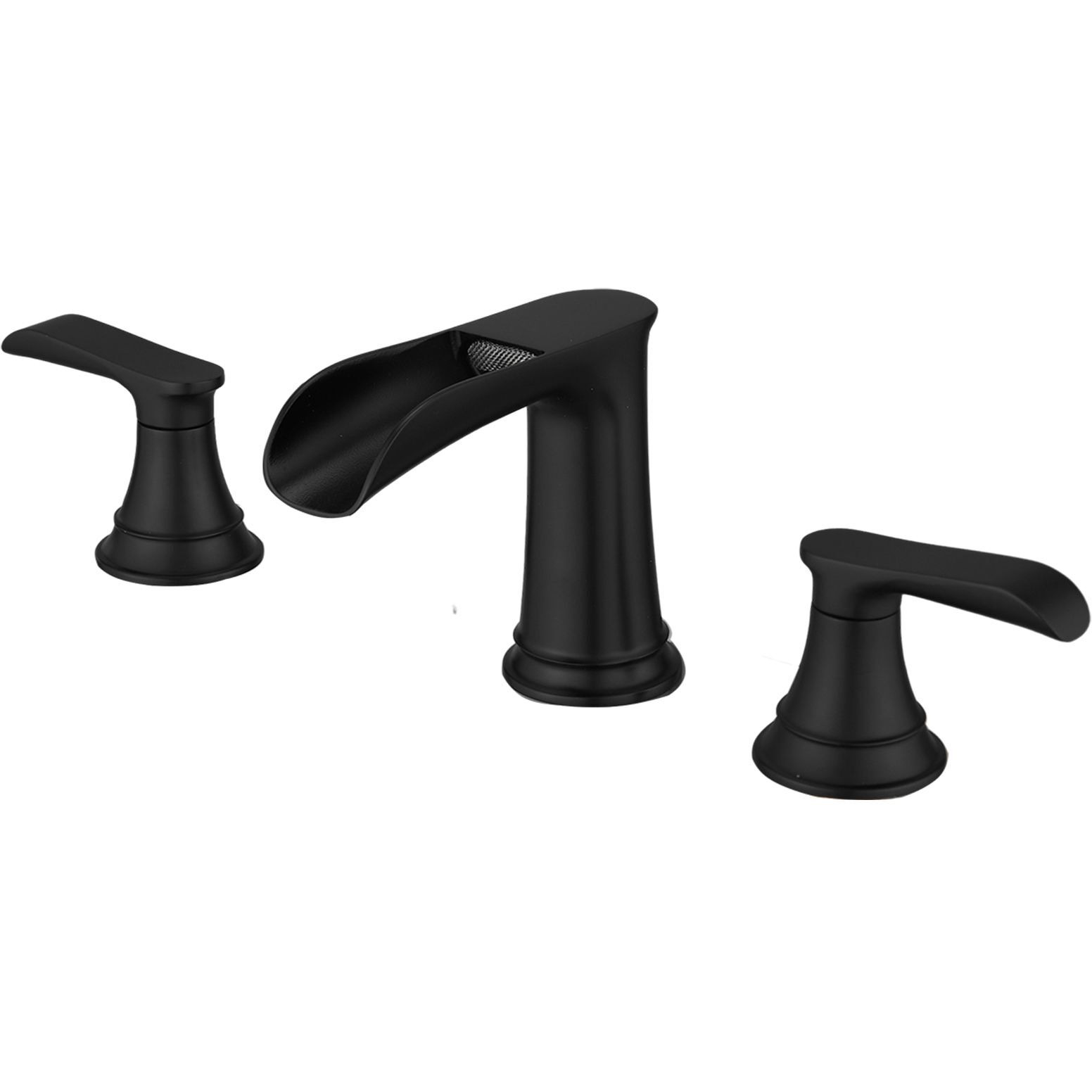 The new model is beautiful and practical Waterfall Bathroom Sink Faucet 3 Hole Dual Handle 8 Inch Bath Faucet with Plastic Perforated Drainer