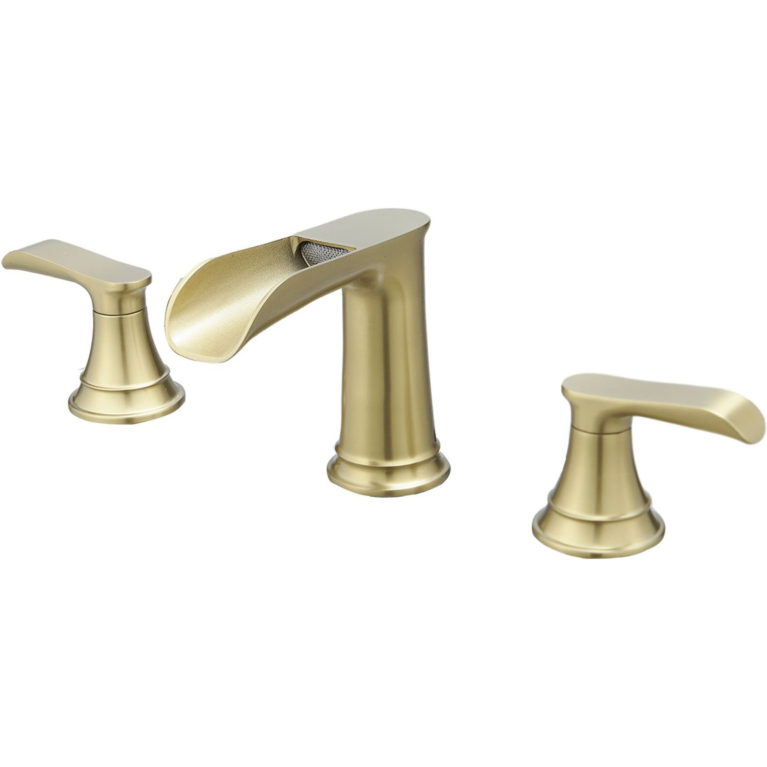 The new model is beautiful and practical Waterfall Bathroom Sink Faucet 3 Hole Dual Handle 8 Inch Bath Faucet with Plastic Perforated Drainer