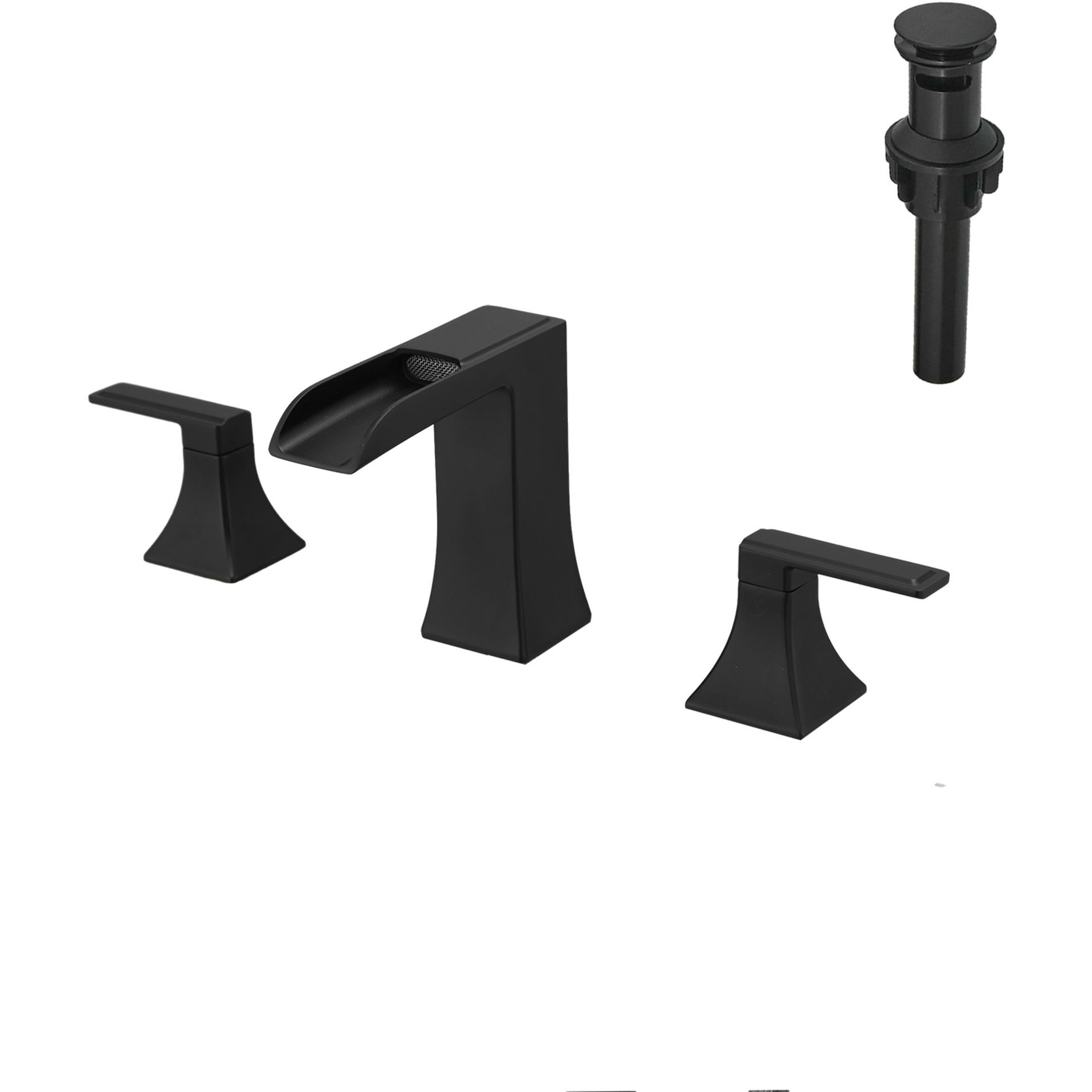 New Waterfall Bathroom Sink Faucet 3 Hole Dual Handle 8 Inch Bath Faucet with Plastic Perforated Drainer