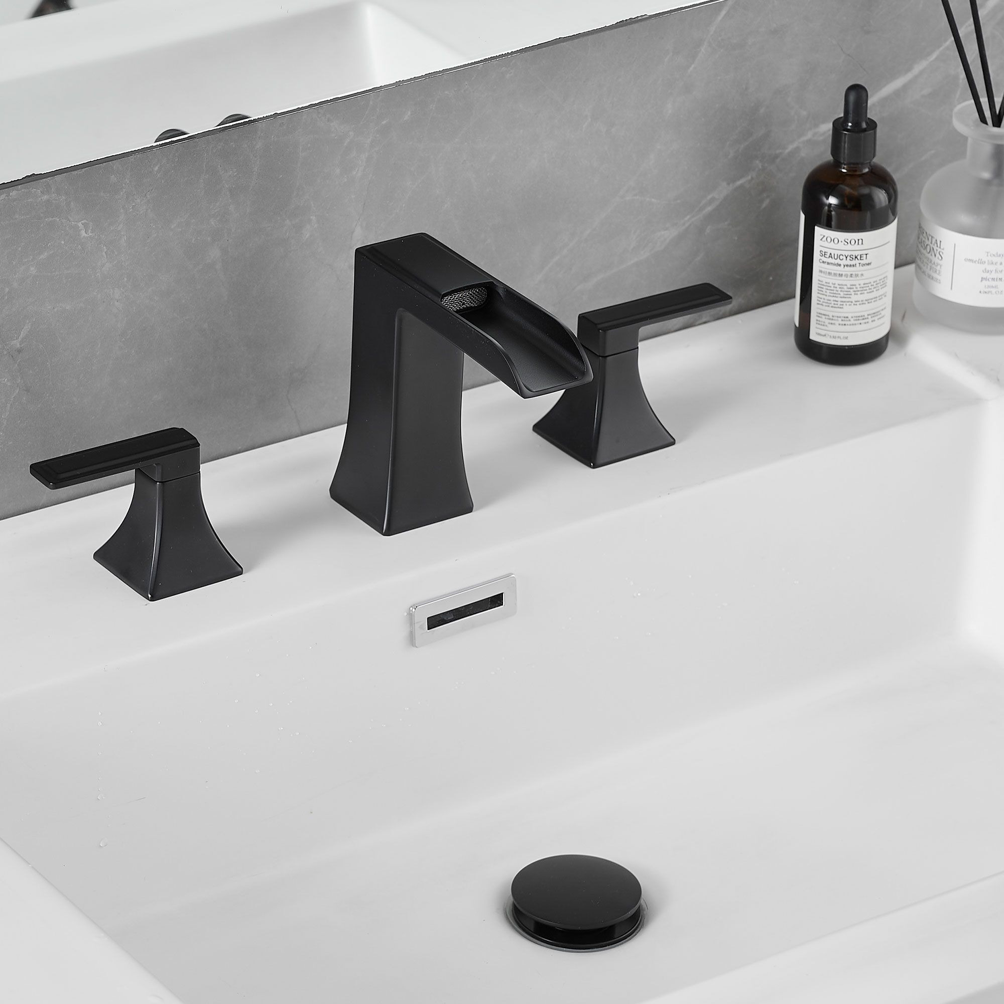 New Waterfall Bathroom Sink Faucet 3 Hole Dual Handle 8 Inch Bath Faucet with Plastic Perforated Drainer