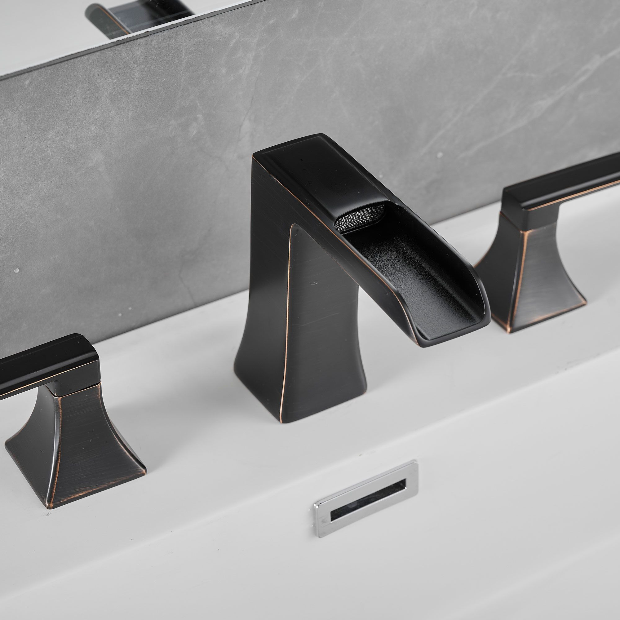 New Waterfall Bathroom Sink Faucet 3 Hole Dual Handle 8 Inch Bath Faucet with Plastic Perforated Drainer