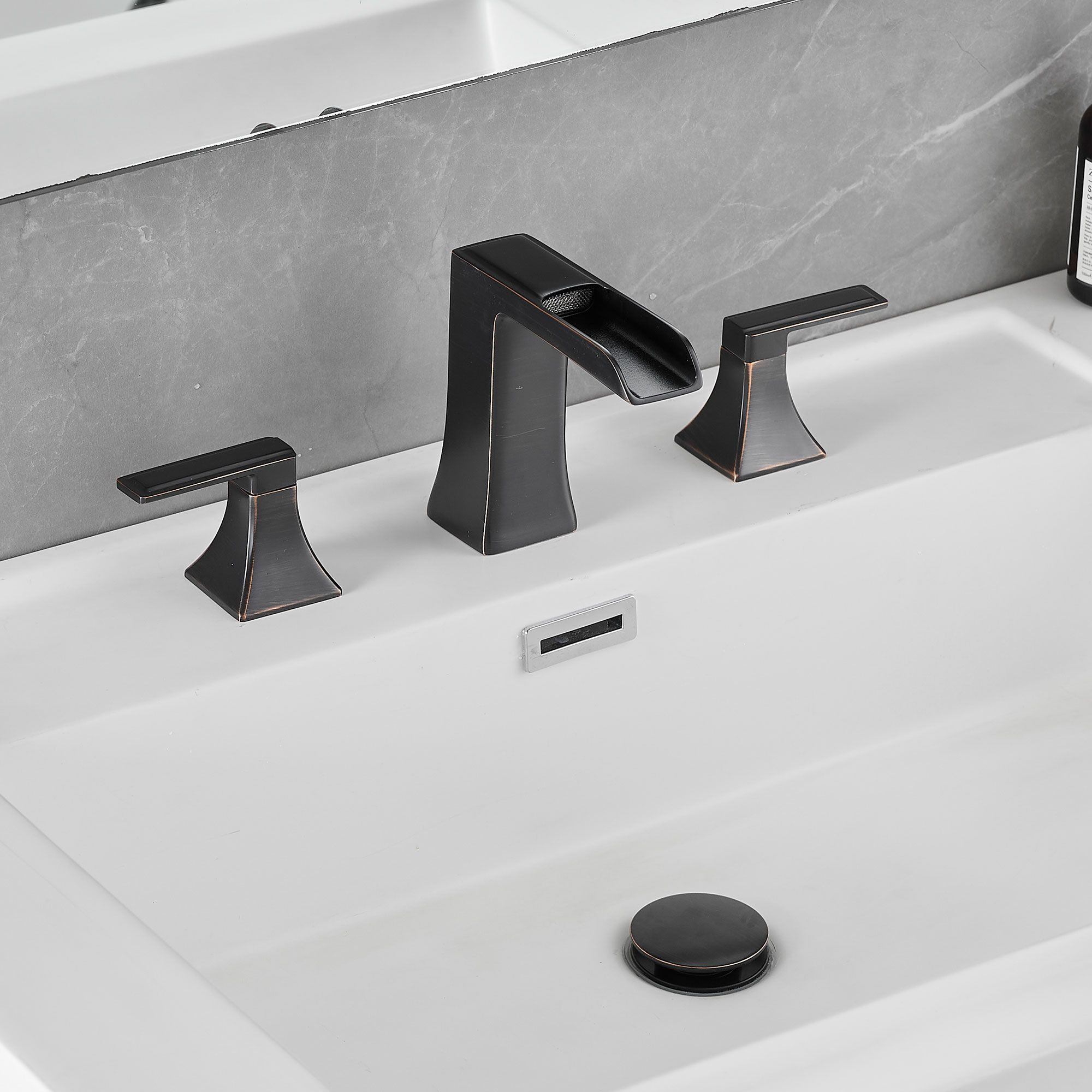 New Waterfall Bathroom Sink Faucet 3 Hole Dual Handle 8 Inch Bath Faucet with Plastic Perforated Drainer