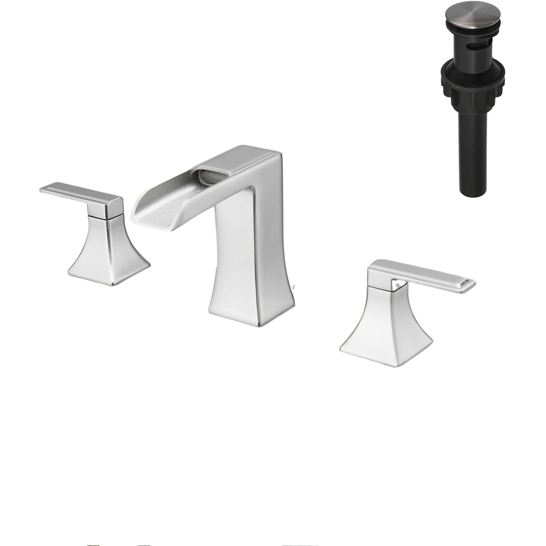New Waterfall Bathroom Sink Faucet 3 Hole Dual Handle 8 Inch Bath Faucet with Plastic Perforated Drainer