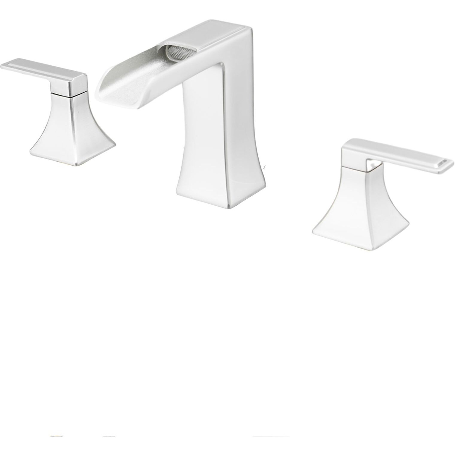 New Waterfall Bathroom Sink Faucet 3 Hole Dual Handle 8 Inch Bath Faucet with Plastic Perforated Drainer