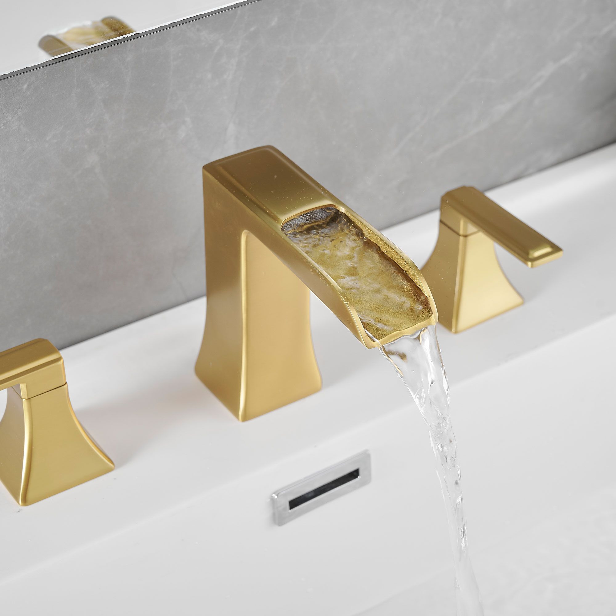 New Waterfall Bathroom Sink Faucet 3 Hole Dual Handle 8 Inch Bath Faucet with Plastic Perforated Drainer