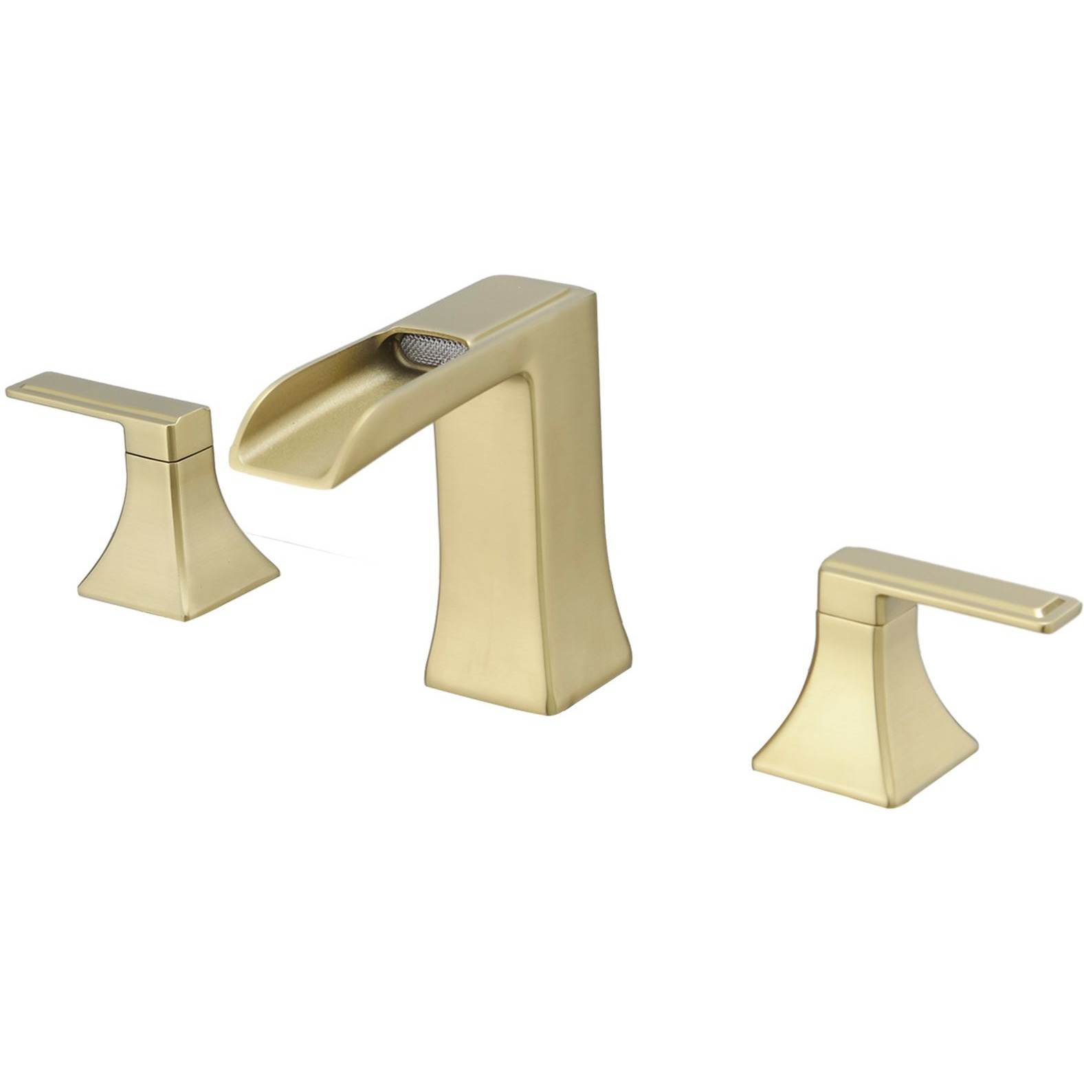 New Waterfall Bathroom Sink Faucet 3 Hole Dual Handle 8 Inch Bath Faucet with Plastic Perforated Drainer
