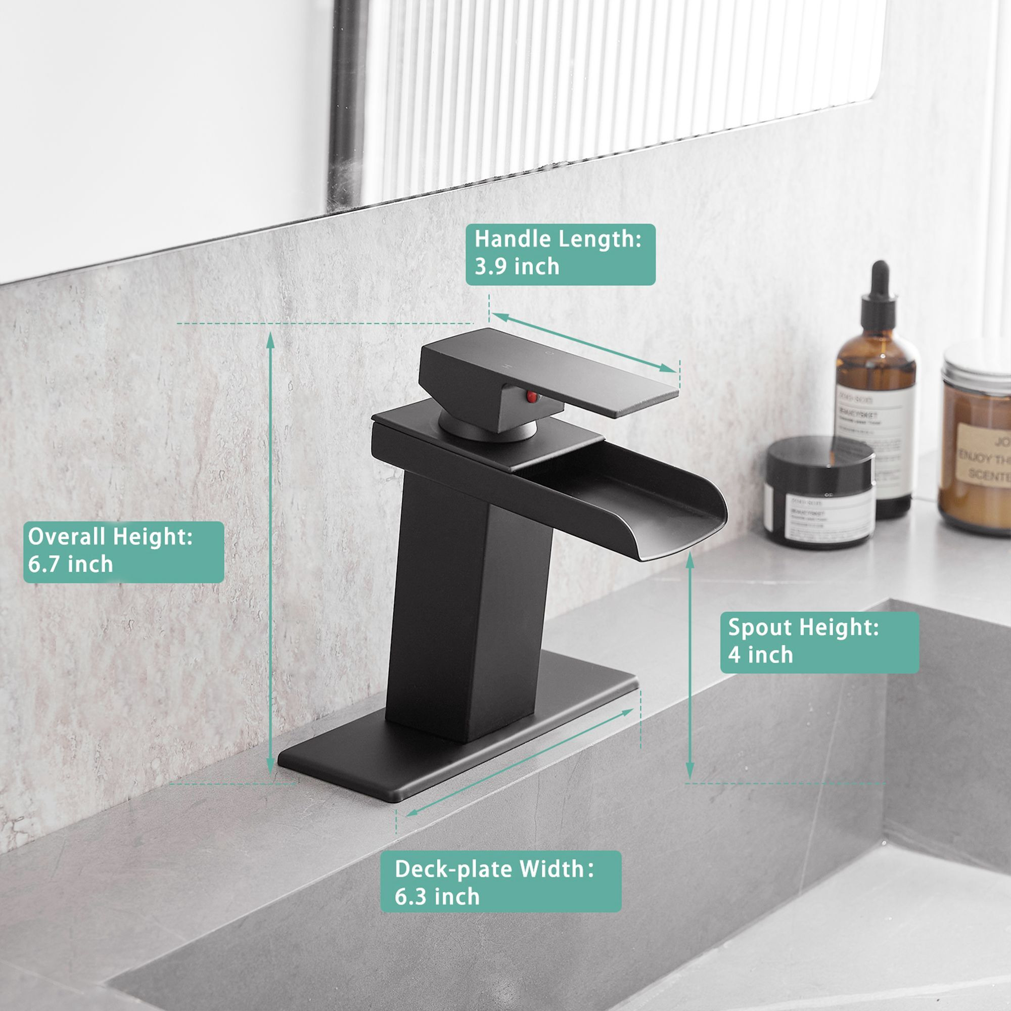 Waterfall bathroom faucet, single handle bathroom sink faucet