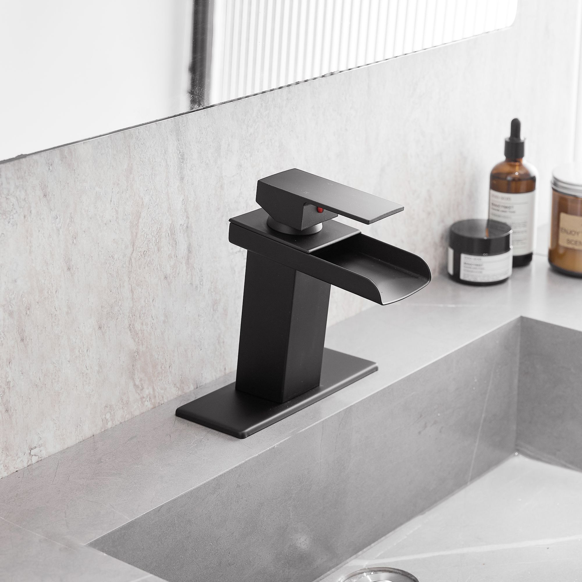 Waterfall bathroom faucet, single handle bathroom sink faucet