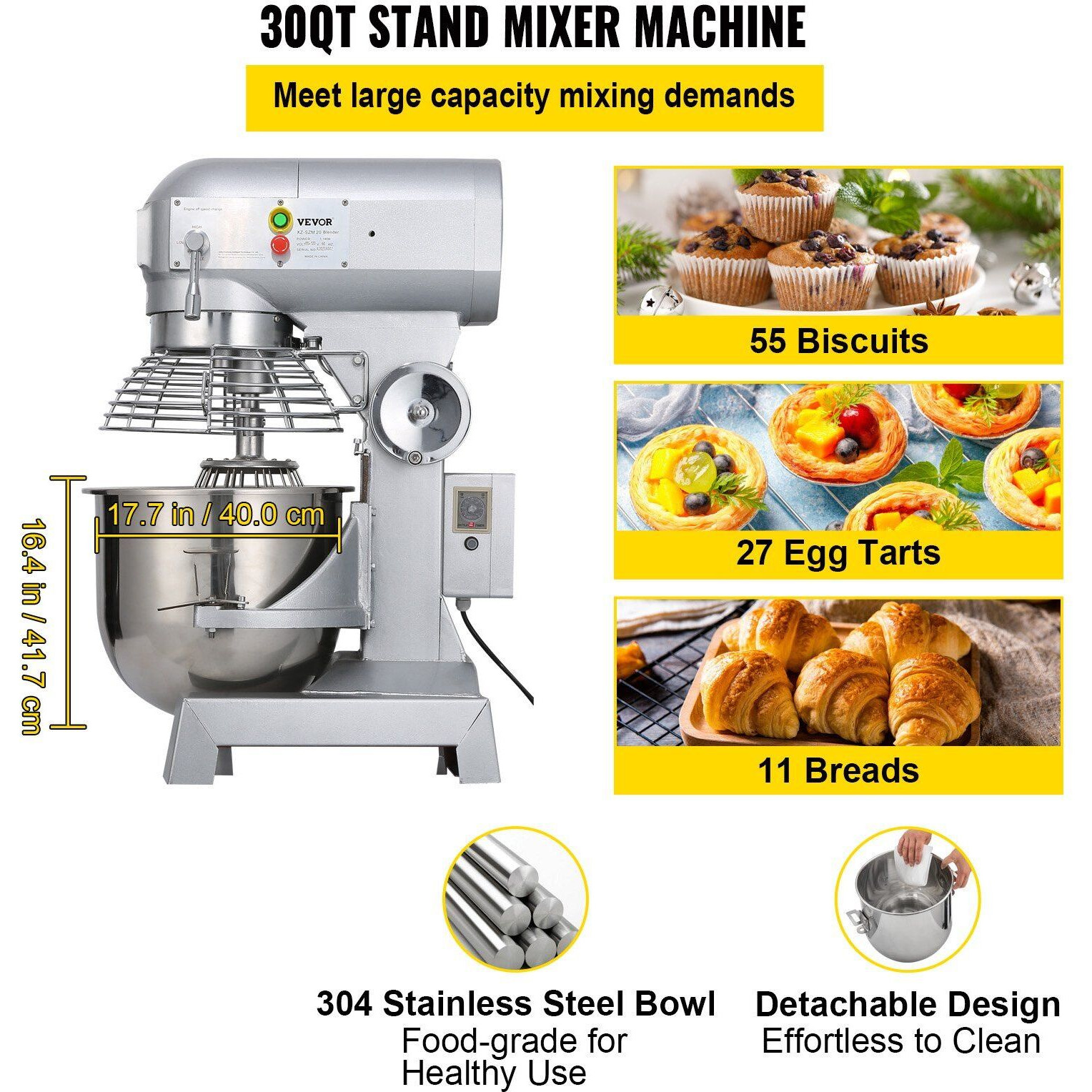 VEVOR Commercial Food Mixer 30Qt 1100W 3 Speeds Adjustable 105/180/408 RPM Heavy Duty 110V with Stainless Steel Bowl Dough Hooks Whisk Beater for Schools Bakeries Restaurants Pizzerias