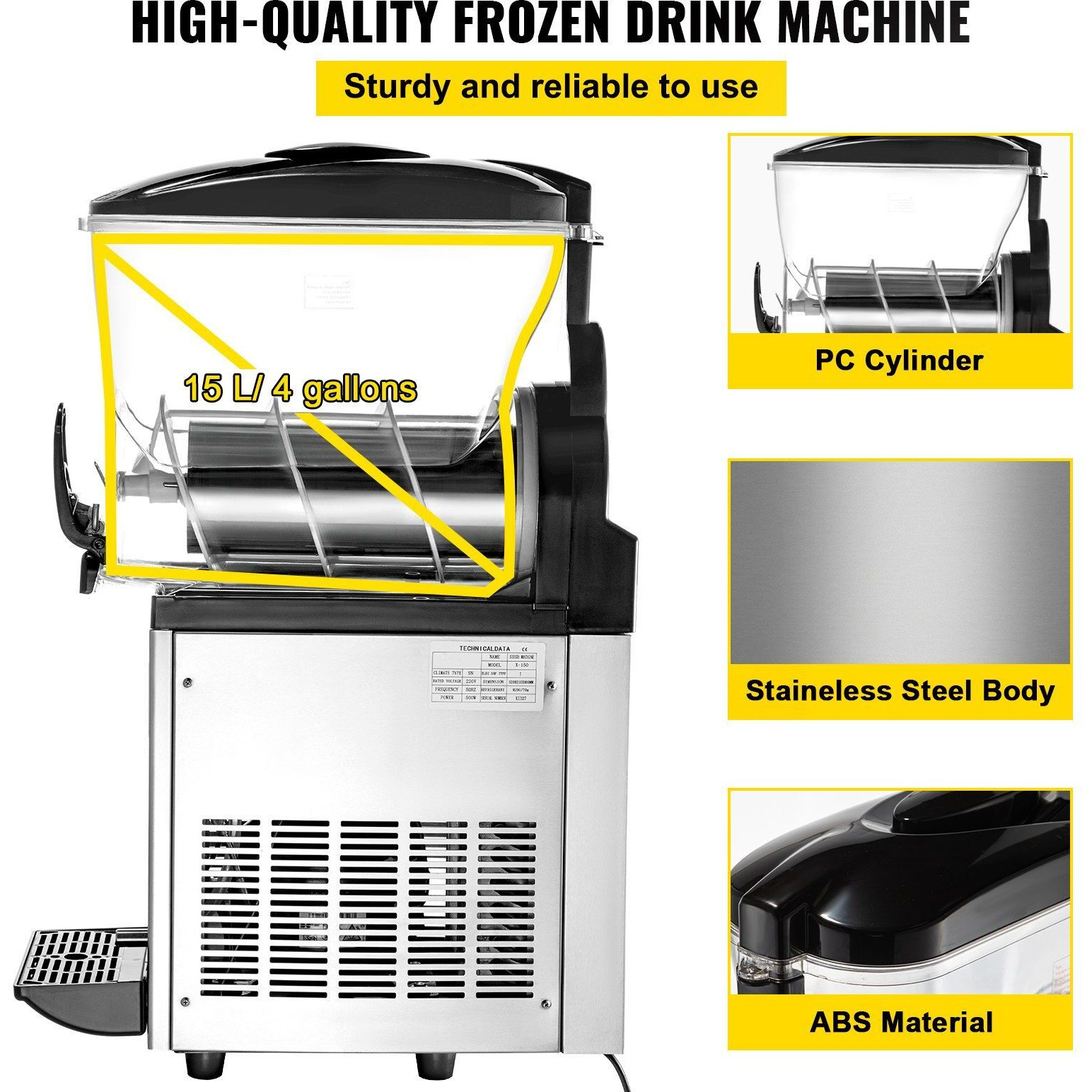 VEVOR Commercial Margarita Machine, 1Tank 15L Commercial Slushy Machine, Stainless Steel Smoothie Frozen Drink Maker, 500W 110V for Supermarkets Cafes Restaurants Bars Home Use