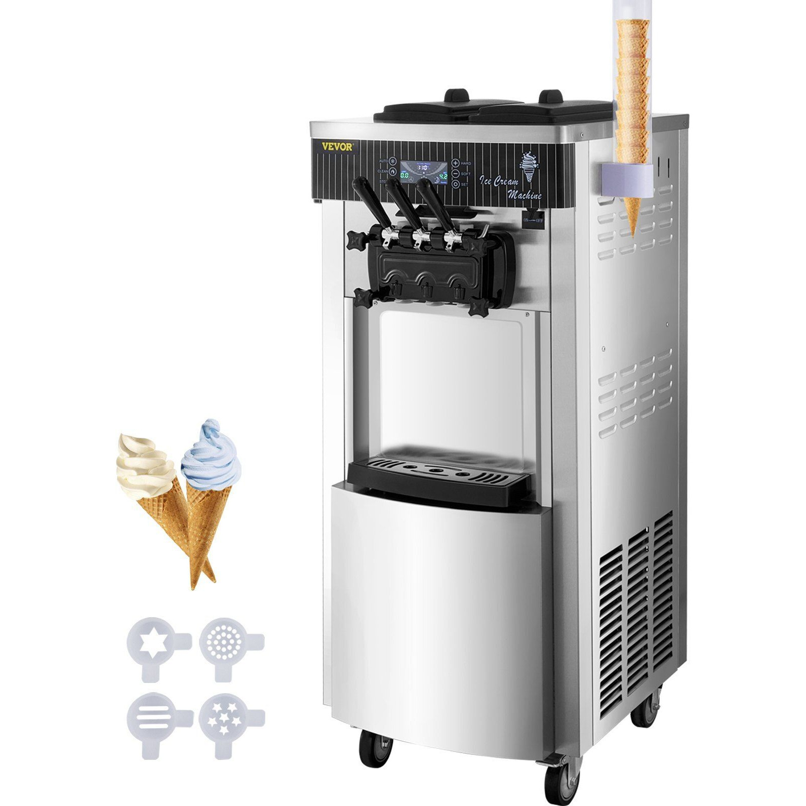 VEVOR Commercial Soft Ice Cream Machine, 2200W Serve Yogurt Maker, 3 Flavors Ice Cream Maker, 5.3 to 7.4 Gallons per Hour Auto Clean LCD Panel for Restaurants Snack Bars, Stainless Steel