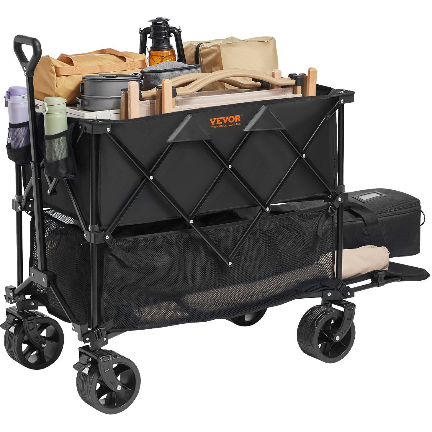 VEVOR Foldable Double Decker Wagon, 400L Collapsible Wagon Cart with All-Terrain Wheels, Heavy Duty Folding Wagon Cart 450 lbs Weight Capacity for Camping, Shopping, Garden, 52" Extra Long Extender