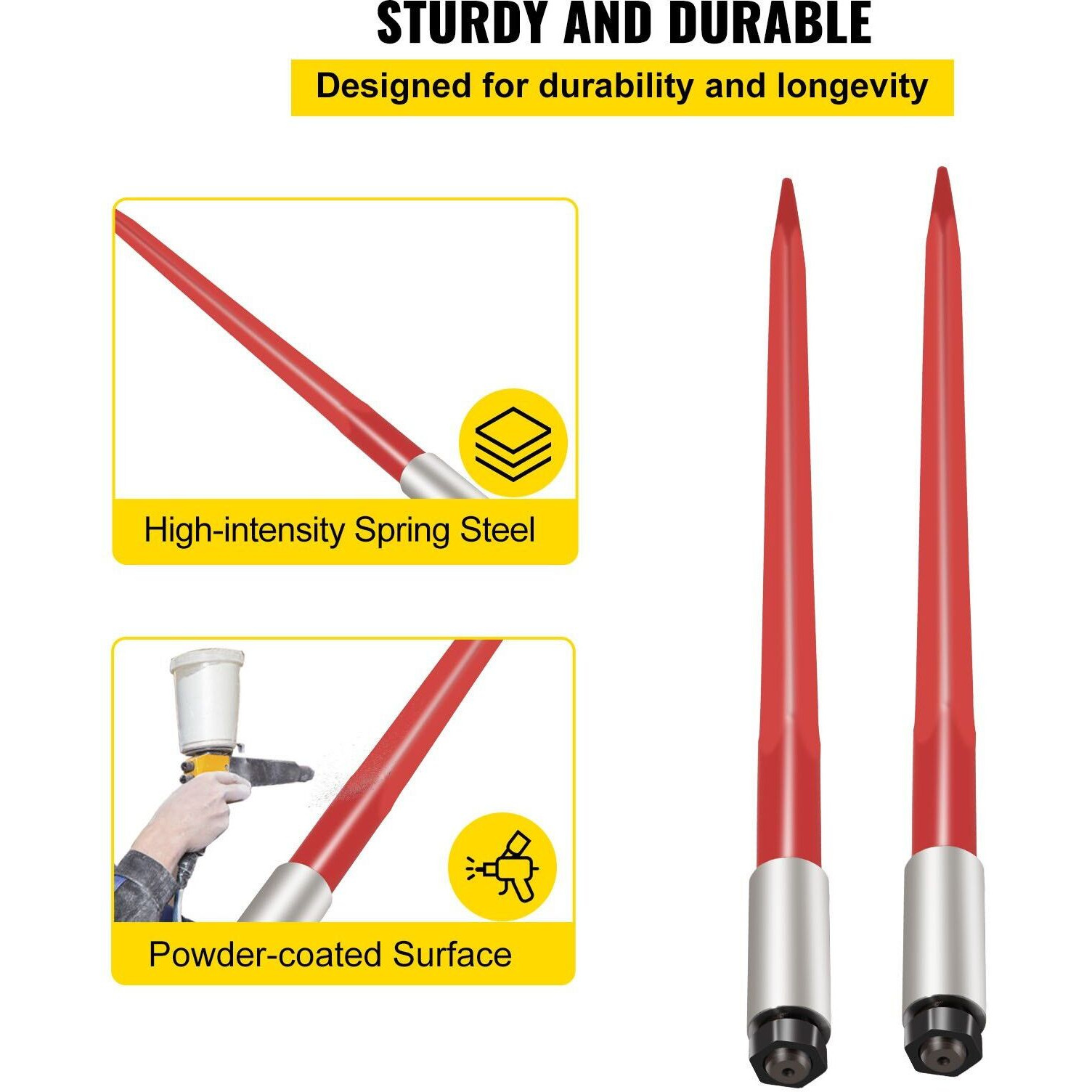 VEVOR Pair Hay Spear 39" Bale Spear 3000 lbs Capacity, Bale Spike Quick Attach Square Hay Bale Spears 1 3/4", Red Coated Bale Forks, Bale Hay Spike with Hex Nut & Sleeve for Buckets Tractors Loaders