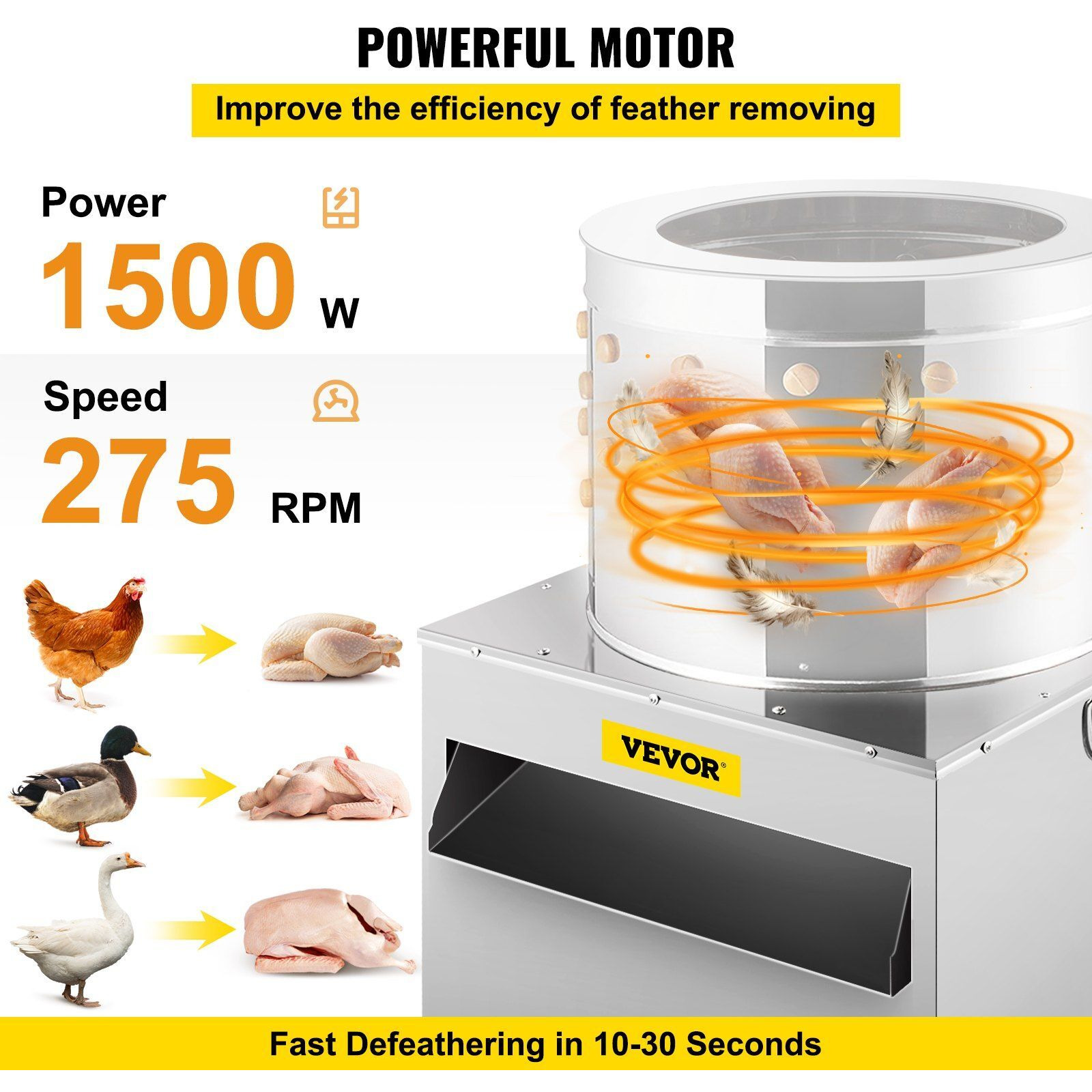 VEVOR Stainless Steel Chicken Plucker 20Inch Barrel Diameter De-Feather Remover Poultry Machine 1500W 275R/min Barrel Diameter Heavy Duty Feather Plucking Machine