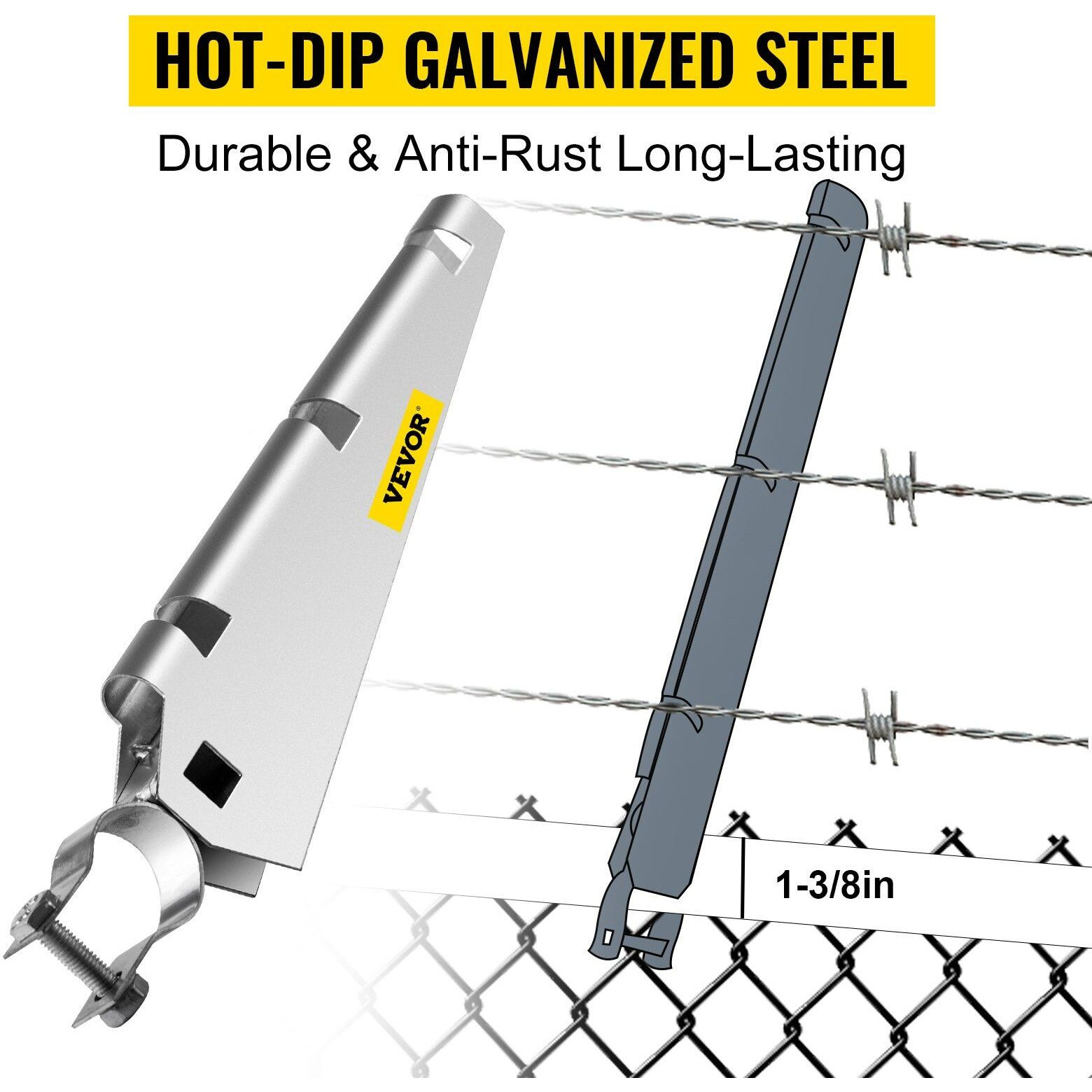 VEVOR Barbed Wire Arm Set of 10 Extend Arm Barbed Wire for 1-3/8" Top Rail Chain-Link Barbwire Arm Hot-Dip Galvanized Steel Cornered Barbwire Arm 45-Degree for Chain Link Fence Grapevine Trellises
