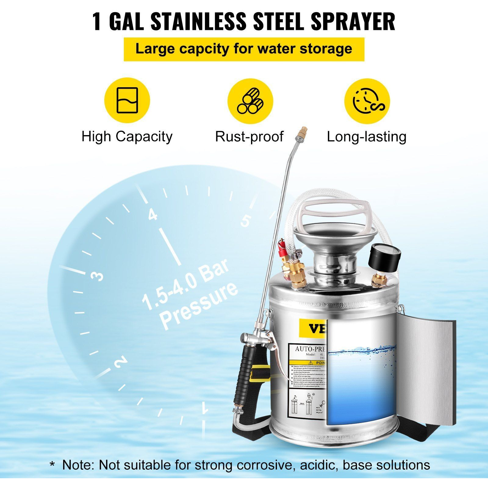 VEVOR 1Gal Stainless Steel, Set with 12" Wand& Handle& 3FT Reinforced Hose, Hand Pump Sprayer with Pressure Gauge&Safety Valve, Adjustable Nozzle Suitable for Gardening and Sanitizing, Silver