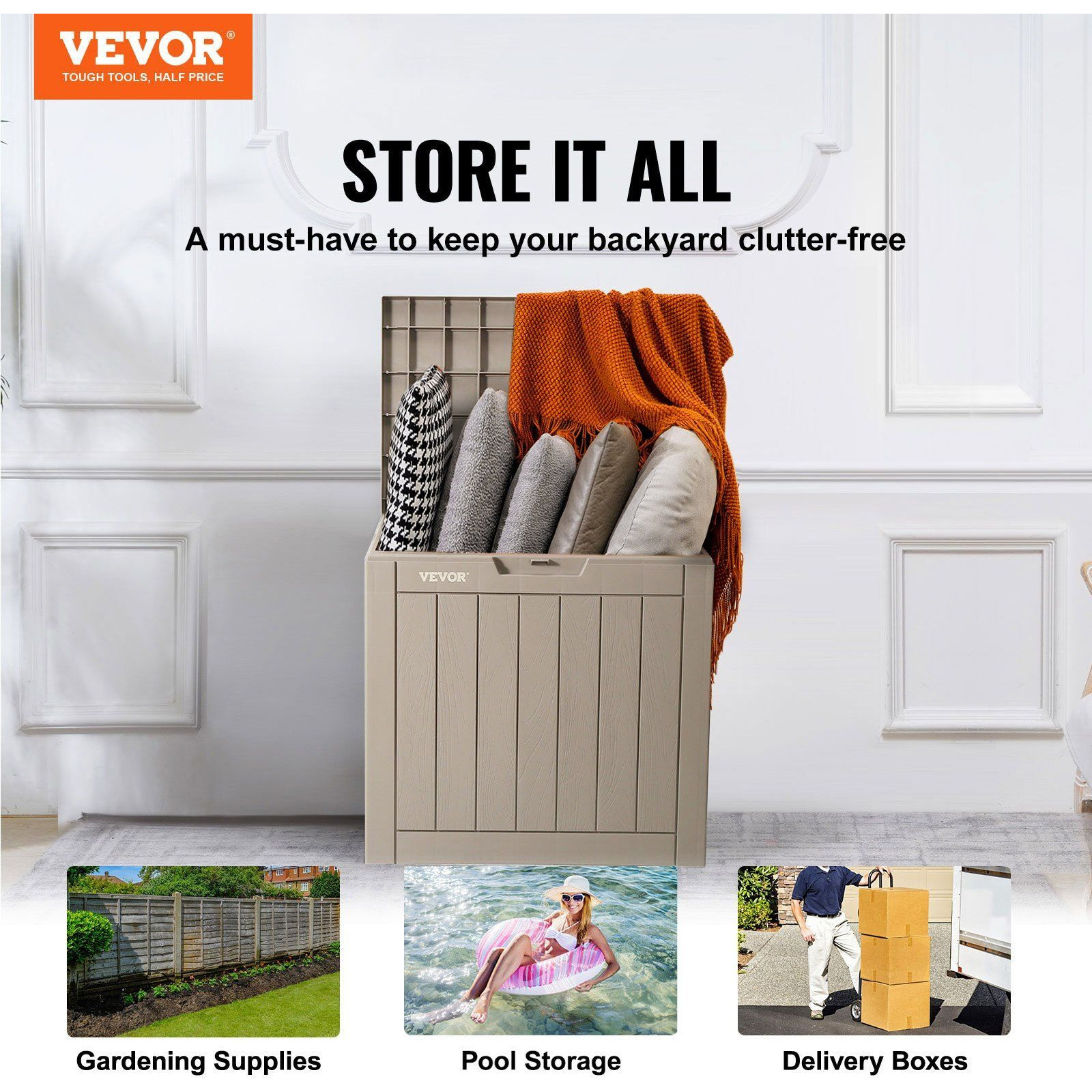 VEVOR Deck Box, 31 Gallon Outdoor Storage Box, 22.1" x 17.1" x 20.9" , Waterproof PP Deckbox with Aluminum Alloy Padlock, for Patio Furniture, Pool Toys, Garden Tools, Outdoor Cushions, Gray