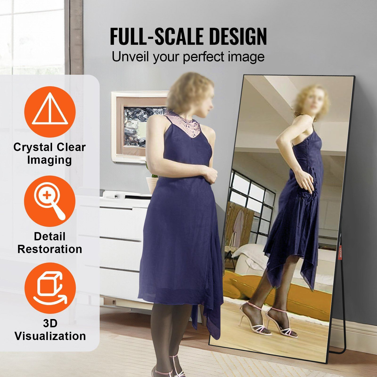 VEVOR Full Length Mirror, 71'' x 31'', Extra Large Standing Hanging or Leaning Rectangle Floor Tempered Mirror with Stand Aluminum Alloy Frame, Full Body Dressing Mirror for Living Room Bedroom, Black