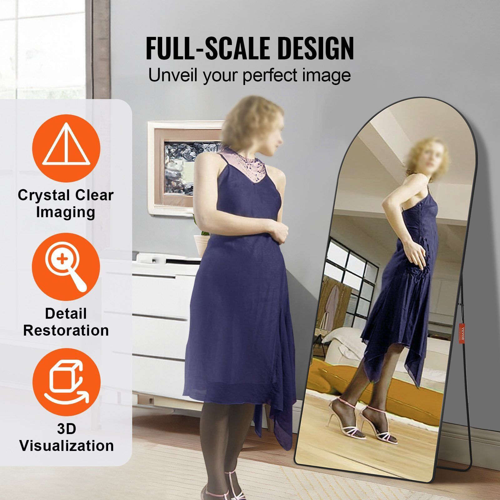 VEVOR Arched Full Length Mirror, 71'' x 32'', Large Free Standing Leaning Hanging Wall Mounted Floor Mirror with Stand Aluminum Alloy Frame, Full Body Dressing Mirror for Living Room Bedroom, Black