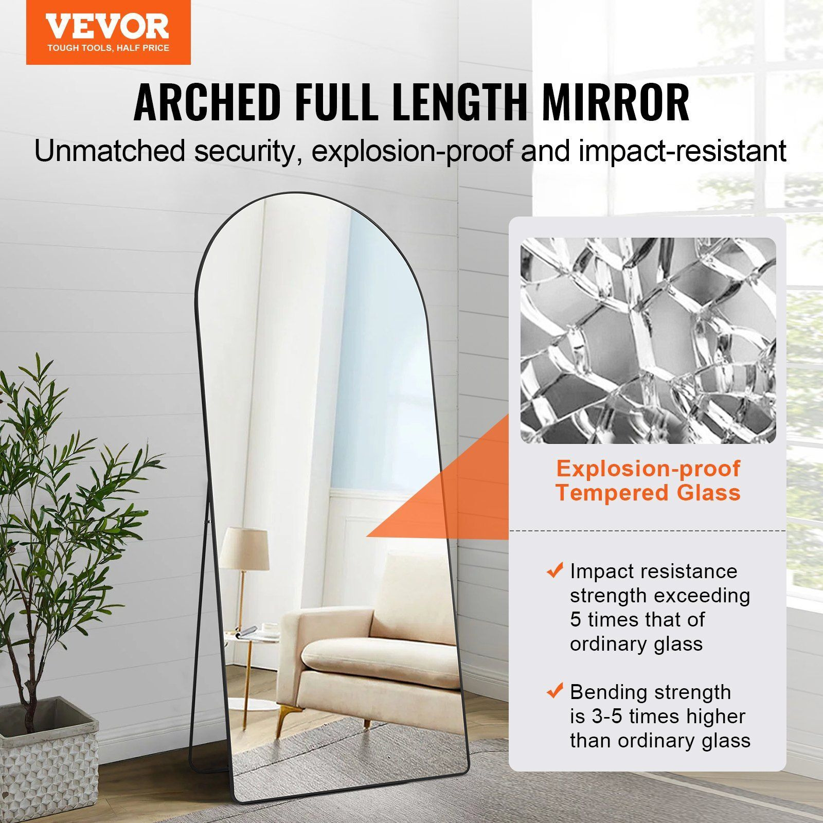 VEVOR Arched Full Length Mirror, 71'' x 32'', Large Free Standing Leaning Hanging Wall Mounted Floor Mirror with Stand Aluminum Alloy Frame, Full Body Dressing Mirror for Living Room Bedroom, Black