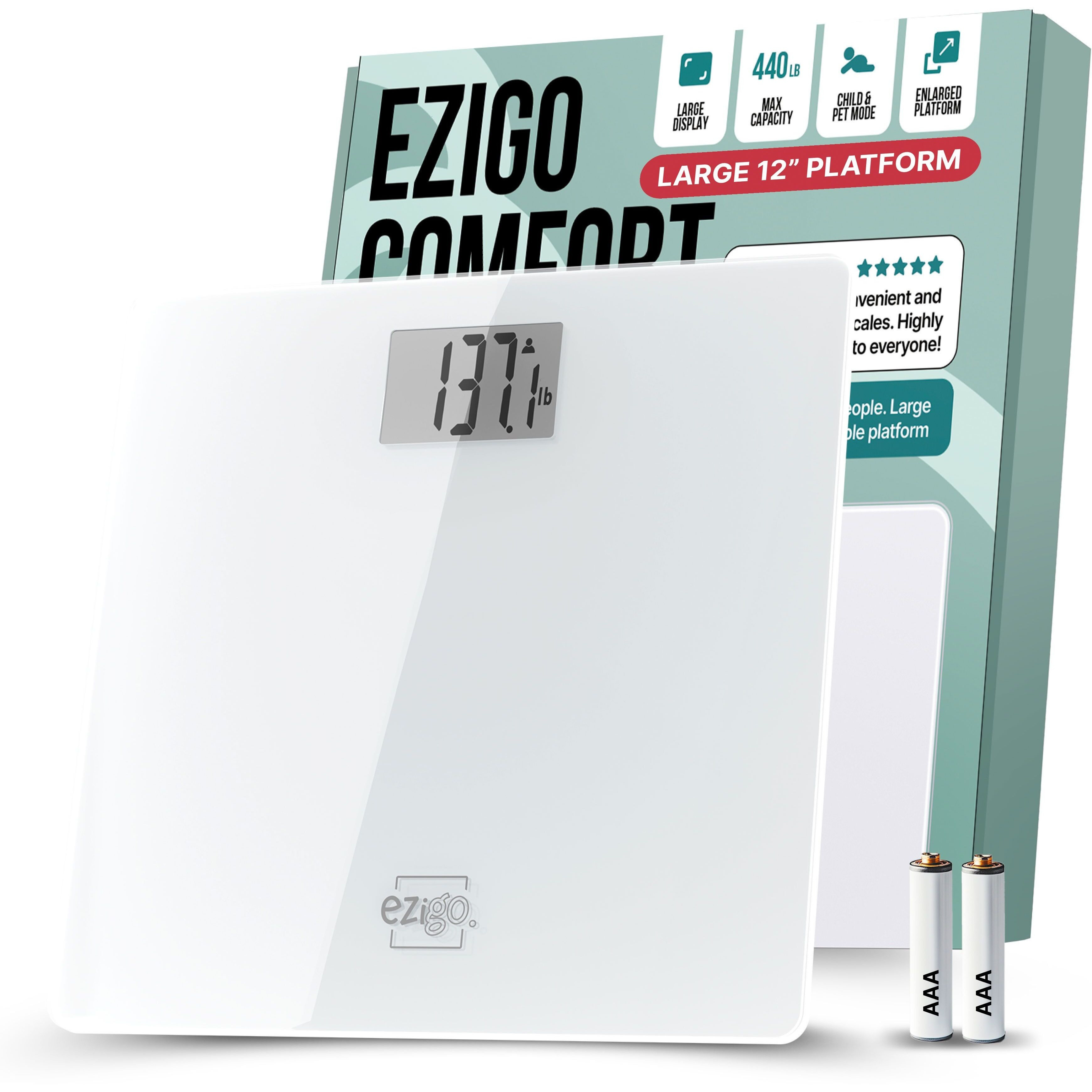 Digital Bathroom Scale for Body Weight EziGo Large Platform 12 inch 30cm, High Capacity 440lb 200kg, Accurate Scale for Adults, Elderly, Seniors, Pets, and Babies