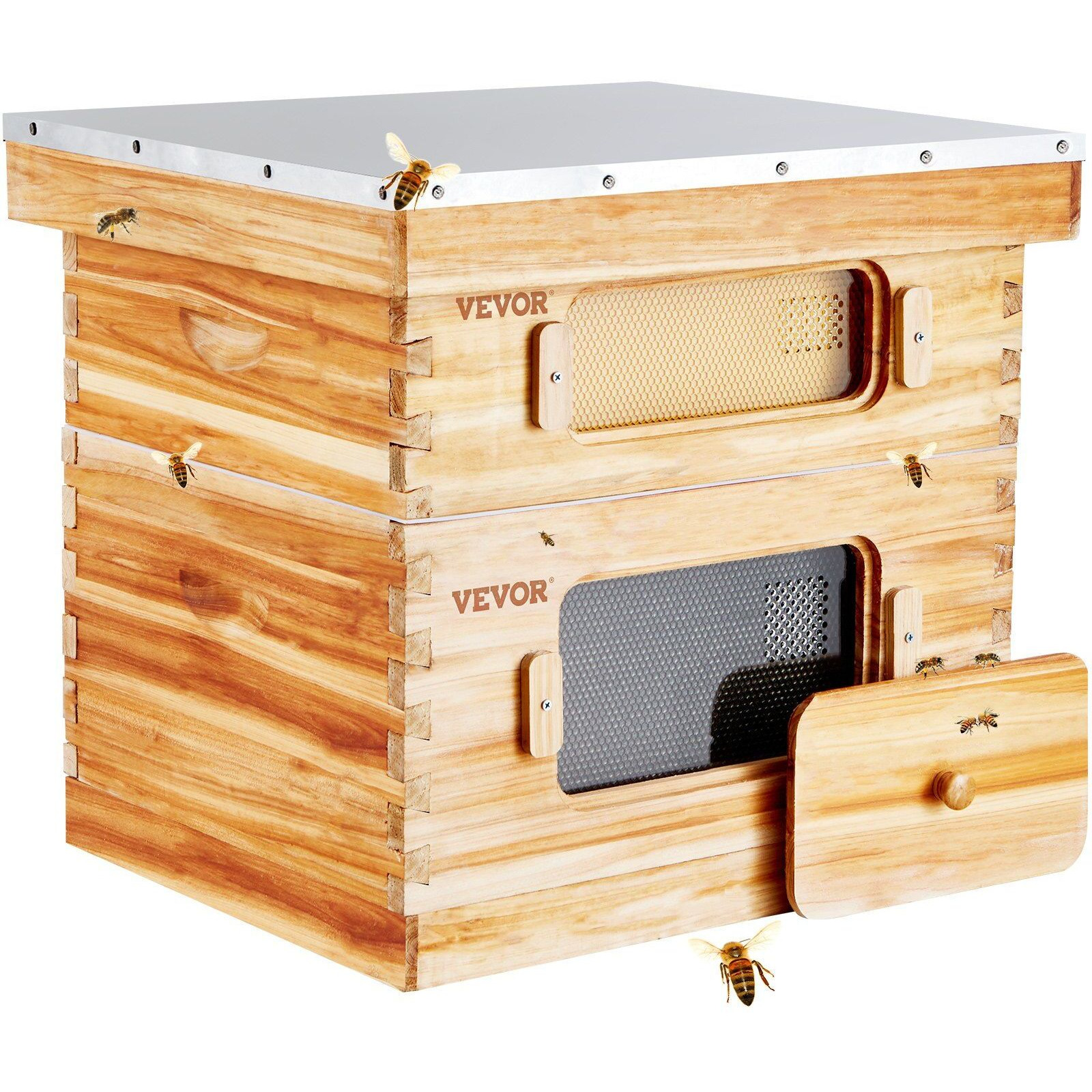 VEVOR Bee Hive 20 Frame Bee Hives Starter Kit, Beeswax Coated Cedar Wood, 1 Deep + 1 Medium Bee Boxes Langstroth Beehive Kit, Transparent Acrylic Windows with Foundations for Beginners Pro Beekeepers