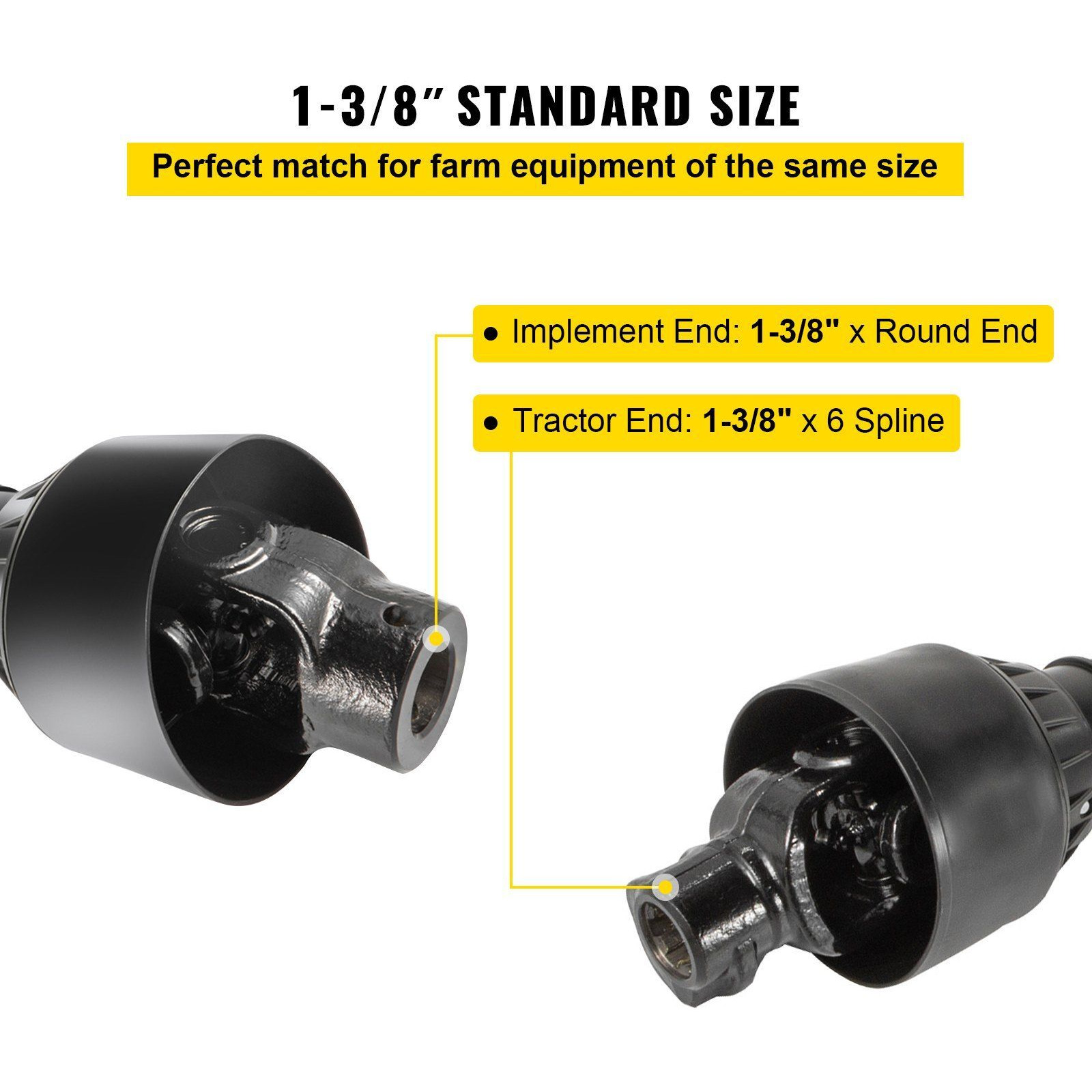 VEVOR PTO Shaft, 1-3/8" PTO Drive Shaft, 6 Spline Tractor, Round Implement Ends PTO Driveline Shaft, Series 4 Tractor PTO Shaft, 43"-61" Brush Hog PTO Shaft Black, for Finish Mower, Rotary Cutter