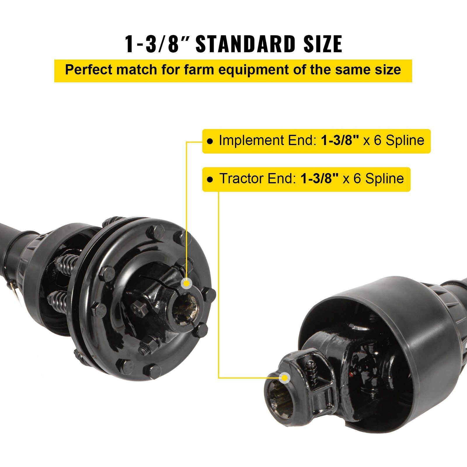 VEVOR PTO Shaft, 1-3/8" PTO Drive Shaft, 6 Spline Both Ends PTO Driveline Shaft, Series 5 Tractor PTO Shaft, 43"-57" Brush Hog PTO Shaft, Black PTO Shaft w/Slip Clutch for Bush Hog/Finish Mower