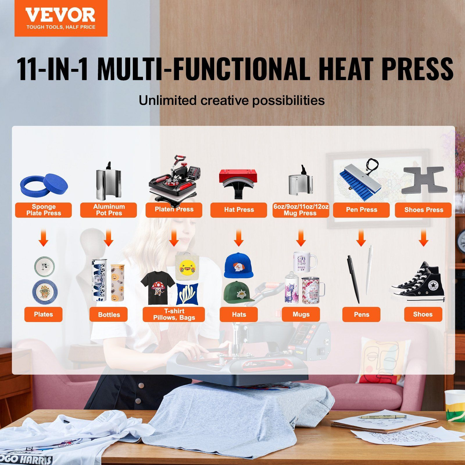 11 in 1 Heat Press, 12 x 15 Inch, Multifunctional Clamshell Printer, Digital Dual-Tube Heat Press Transfer Machine, 360 Swing Away Design