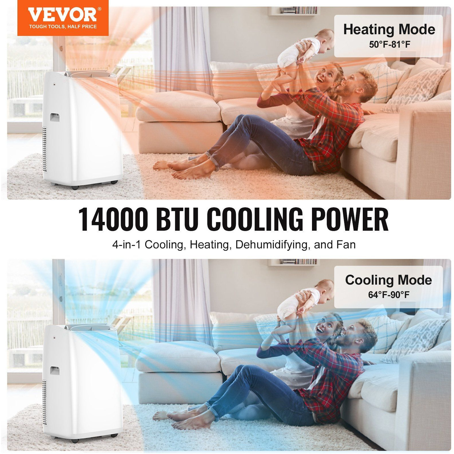 Portable Air Conditioner 14k BTU 4 in 1 AC Warm/Cool Dehumidifier Fan