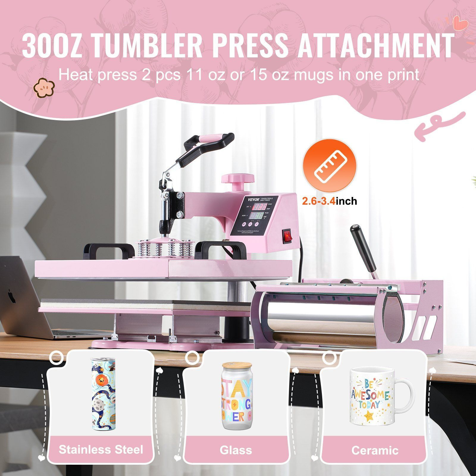 Heat Press Machine 15x15 in 5 in 1 with 30oz Tumbler Press T-Shirts Pink