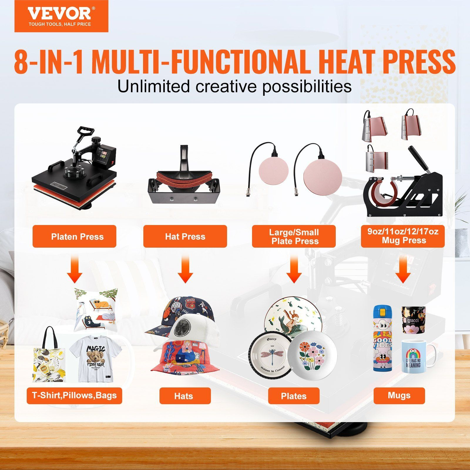 VEVOR Heat Press Machine 15x15Inch 8pcs 1050W Combo Digital Multifunctional Sublimation Heat Transfer Machine Dual LED Display for T Shirts Hat Mug Cap Plate Swing Away Design