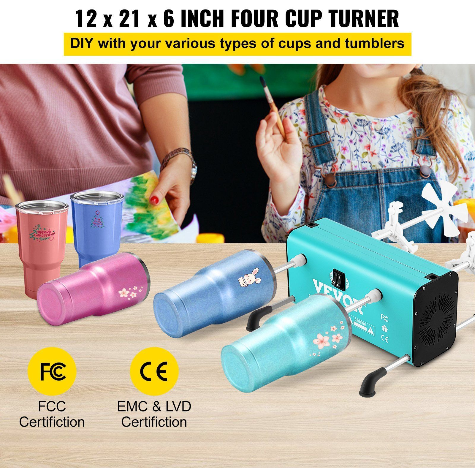VEVOR 4 Cup Turner, 2 Speeds Multiple Tumbler Spinner Rotator Machine Kit with 4 Removable and Adjustable Arms, Mute Motor, Aluminum Alloy Frame, 4 Independent Switches for DIY Glitter Crafts(Green)
