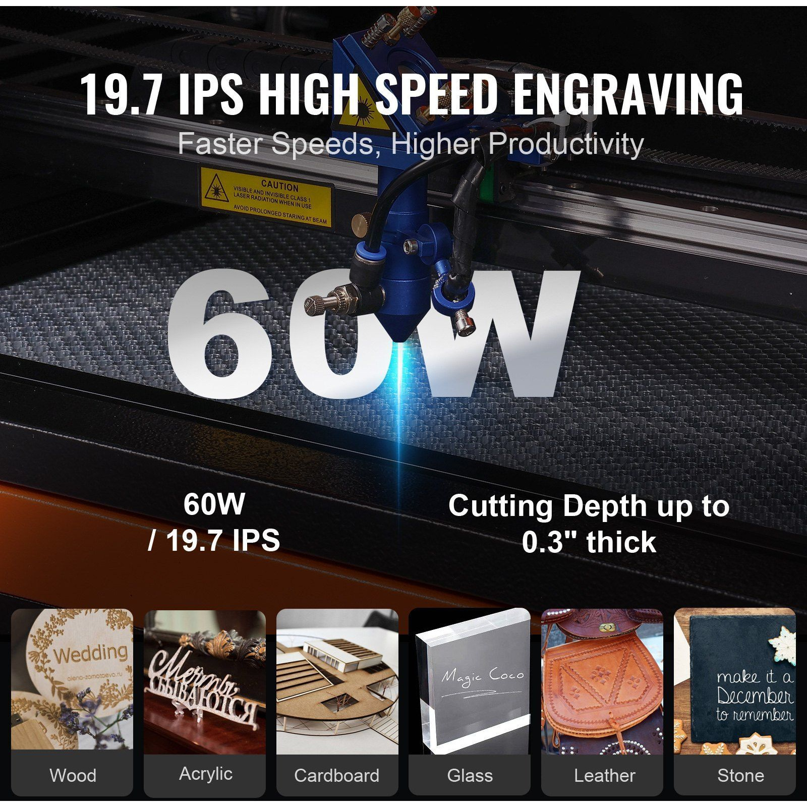 60W CO2 Laser Engraver, 16 x 24 in, 19.7 IPS Laser Cutter Machine with 2-Way Pass Air Assist, Compatible with LightBurn, CorelDRAW, AutoCAD, Windows, Mac OS, Linux, for Wood Acrylic Fabric More