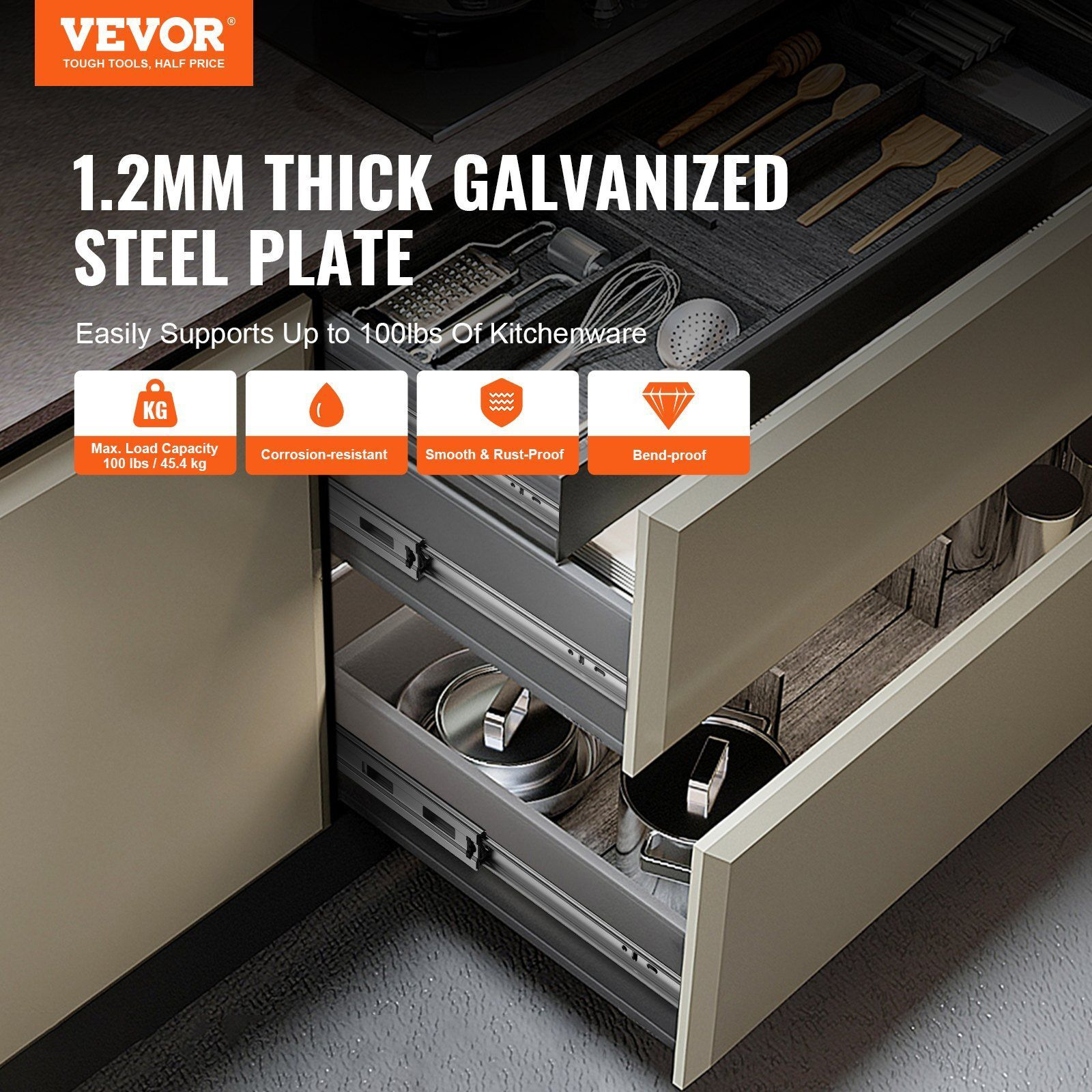 VEVOR 10 Pairs of 16 Inch Drawer Slides Side Mount Rails, Heavy Duty Full Extension Steel Track, Soft-Close Noiseless Guide Glides Cabinet Kitchen Runners with Ball Bearing, 100 Lbs Load Capacity
