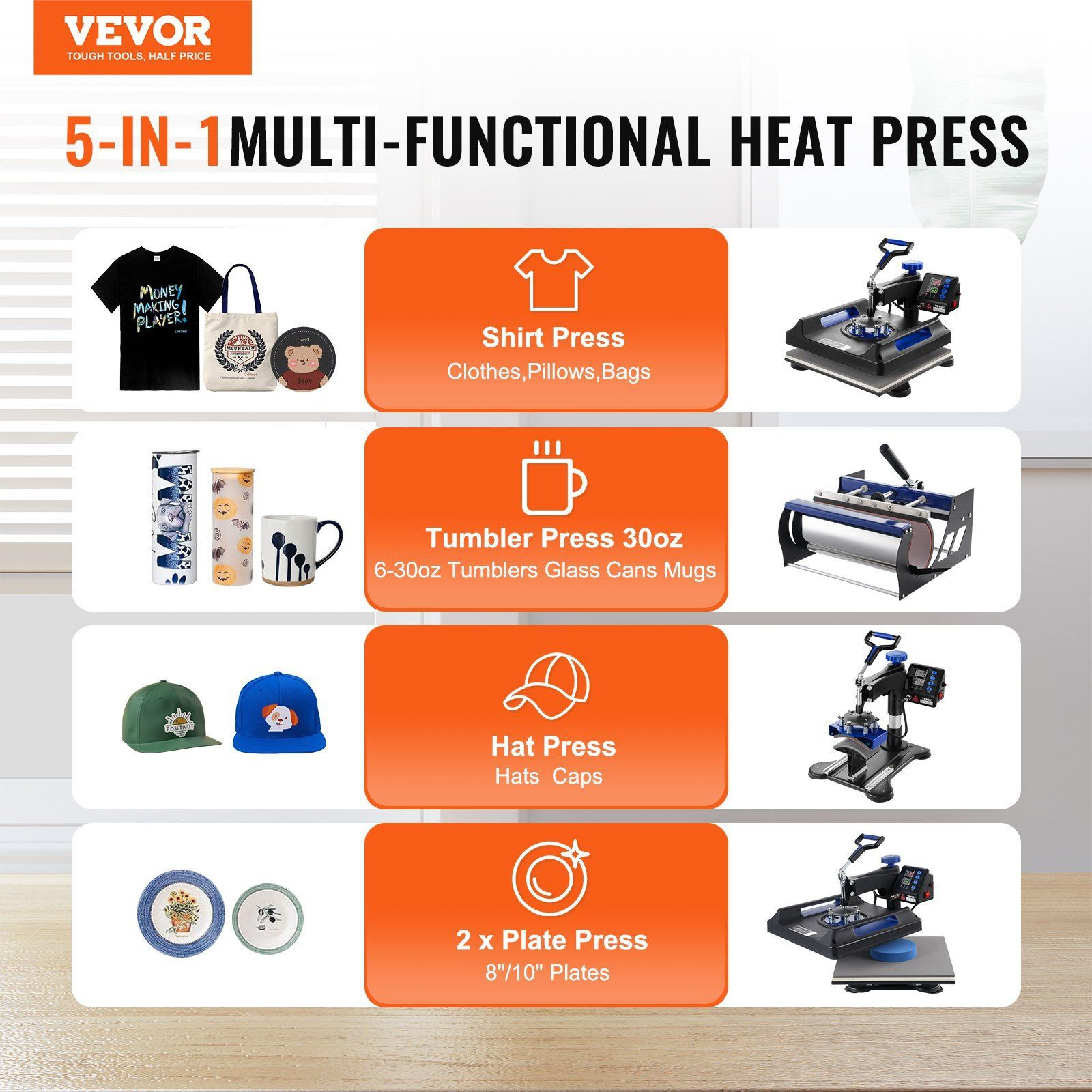 5 in 1 Heat Press Machine 15x15 in 30oz Tumbler Press T-Shirts Black+Blue