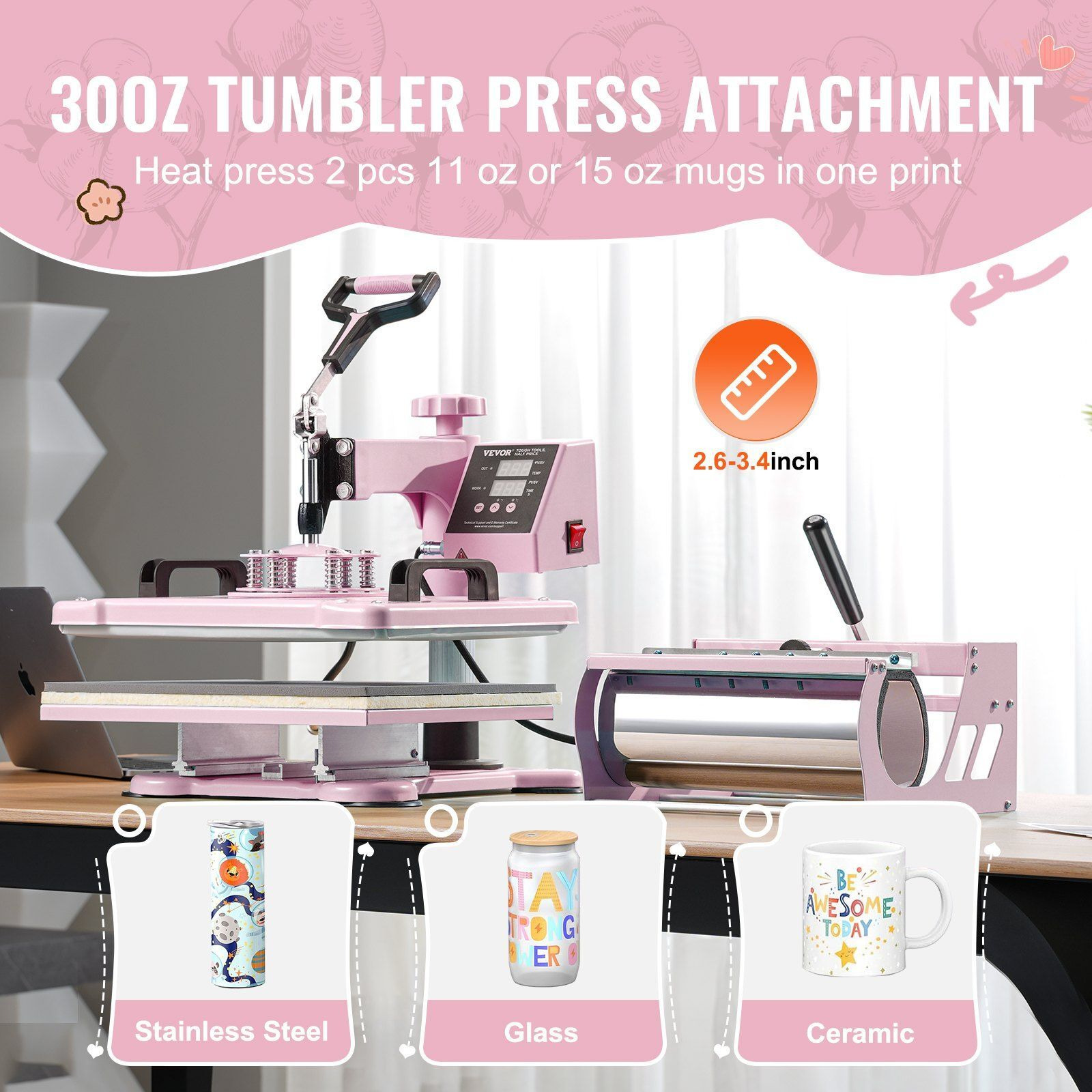 Heat Press Machine 12x15 in 5 in 1 with 30oz Tumbler Press T-Shirts Pink