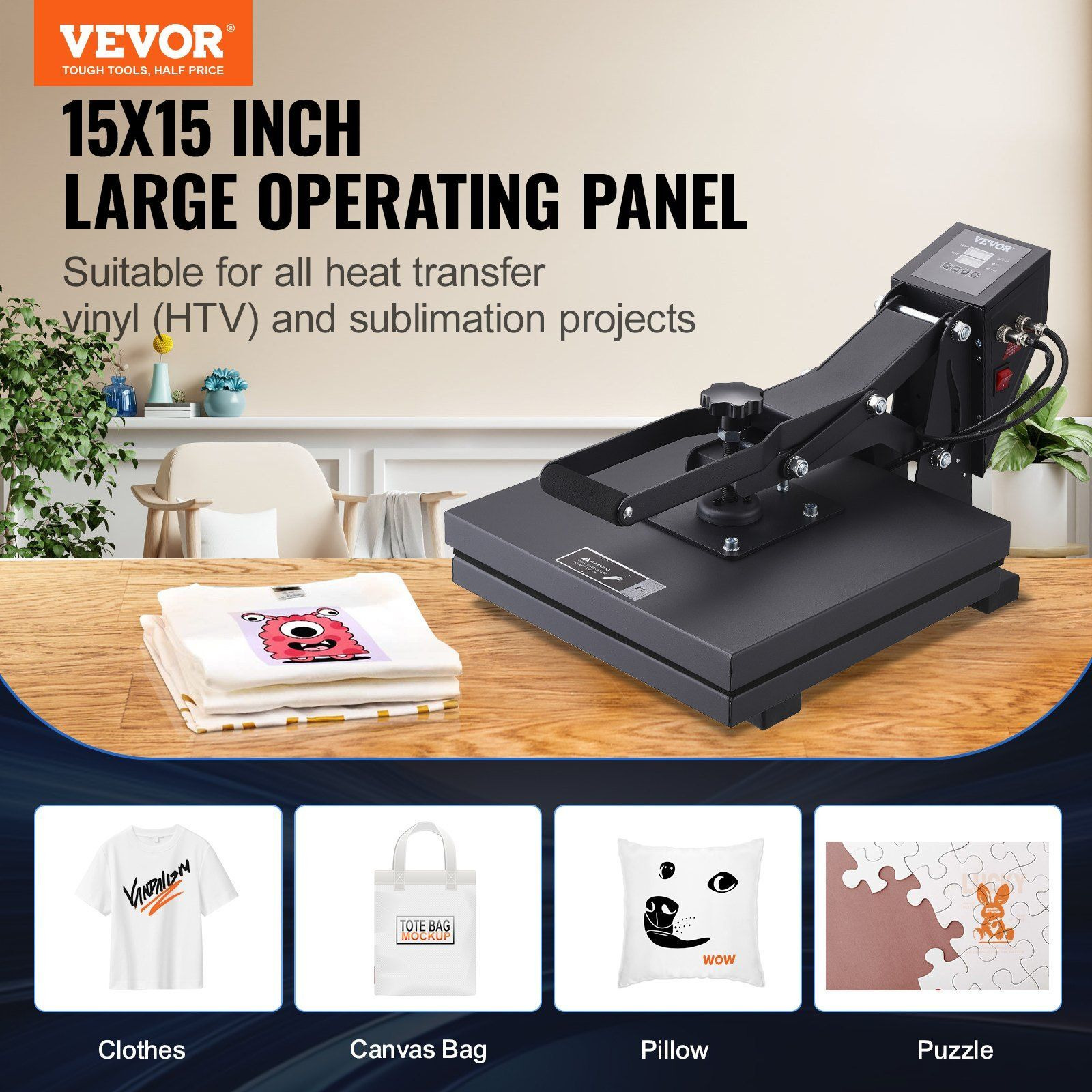 Heat Press 15 x 15 - Heat Press Machine for T-shirts, Fast Heating, High Pressure for Digital Industrial-Quality Sublimation Printer for Heat Transfer Vinyl, 15" x 15", Black