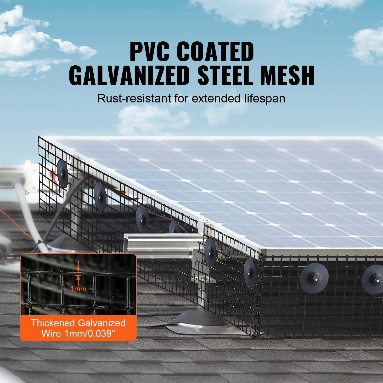 VEVOR 6 inch x 100ft Solar Panel Bird Guard, Critter Guard Roll Kit with 100pcs Stainless Steel Fasteners, Solar Panel Guard with Rust-proof PVC Coating, 1/2 inch Wire Roll Mesh