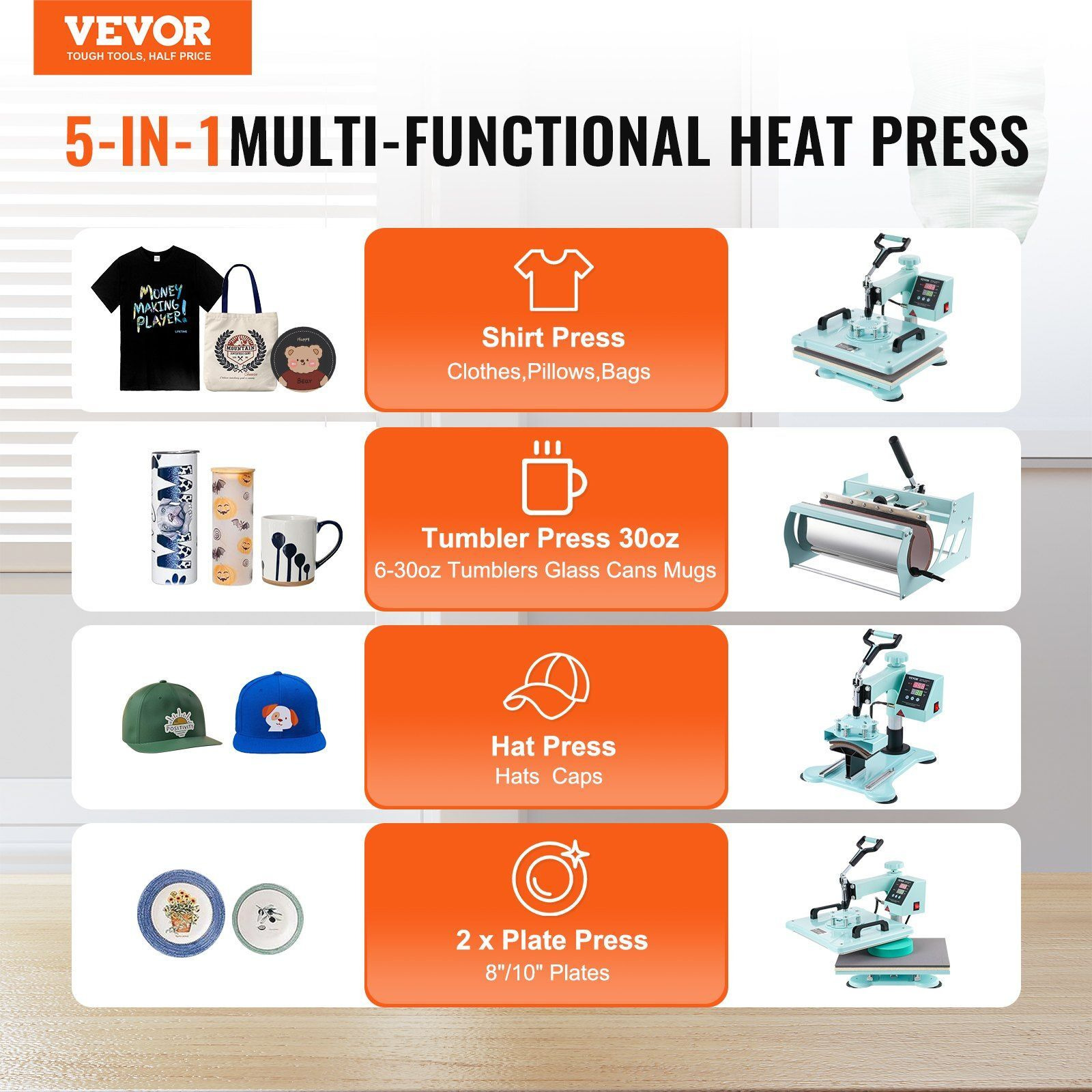 Heat Press Machine 12x15 in 5 in 1 with 30oz Tumbler Press T-Shirts Green