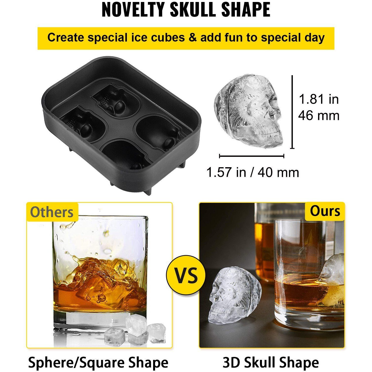 VEVOR Skull Ice Cube Tray, 4-Grid Skull Ice Ball Maker, Flexible Black Silicone Ice Tray with Lid & Funnel, Funny Skull Ice Cubes 1.6&quotx1.8" Each for Beverage, Chocolate, etc. on Parties & Holidays