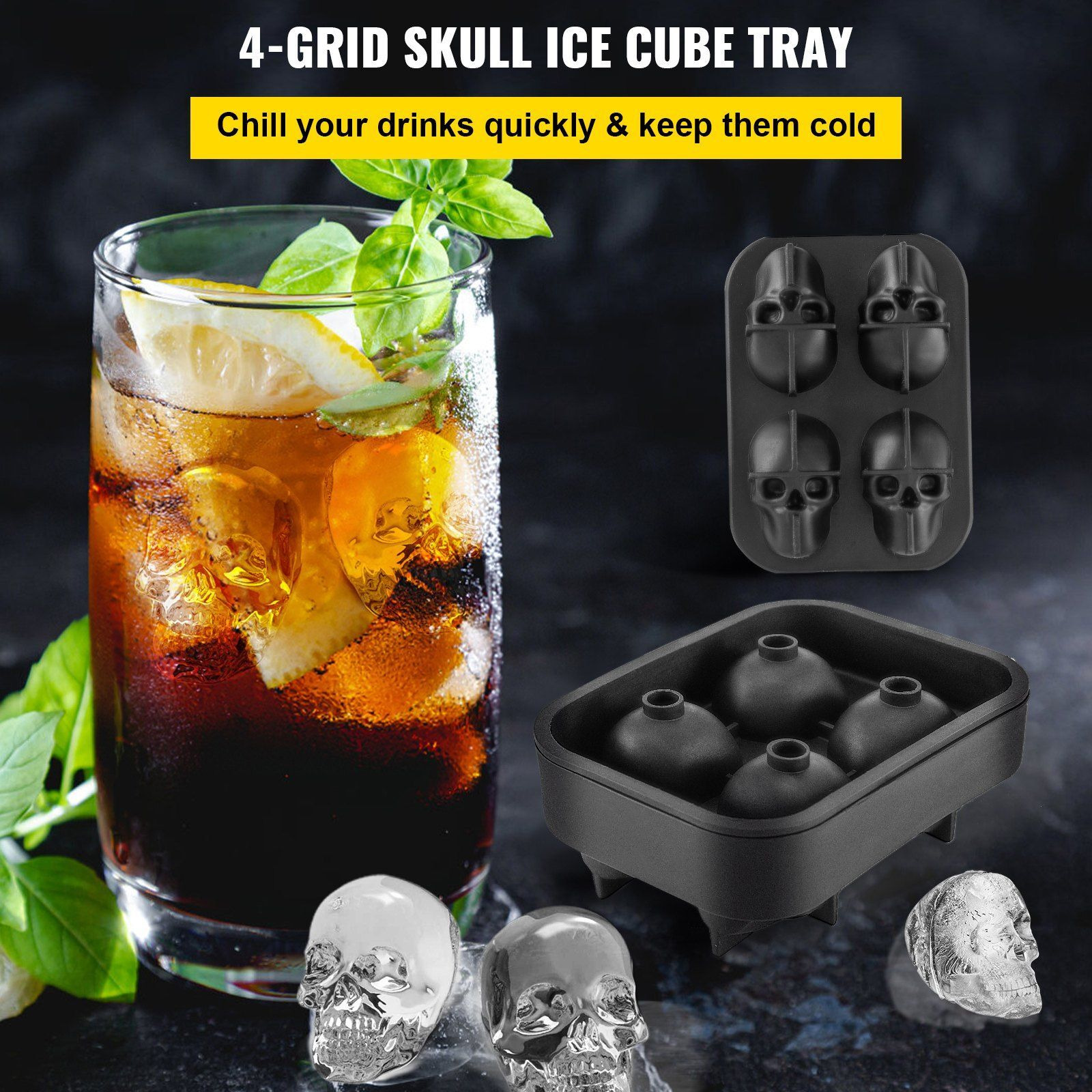 VEVOR Skull Ice Cube Tray, 4-Grid Skull Ice Ball Maker, Flexible Black Silicone Ice Tray with Lid & Funnel, Funny Skull Ice Cubes 1.6&quotx1.8" Each for Beverage, Chocolate, etc. on Parties & Holidays