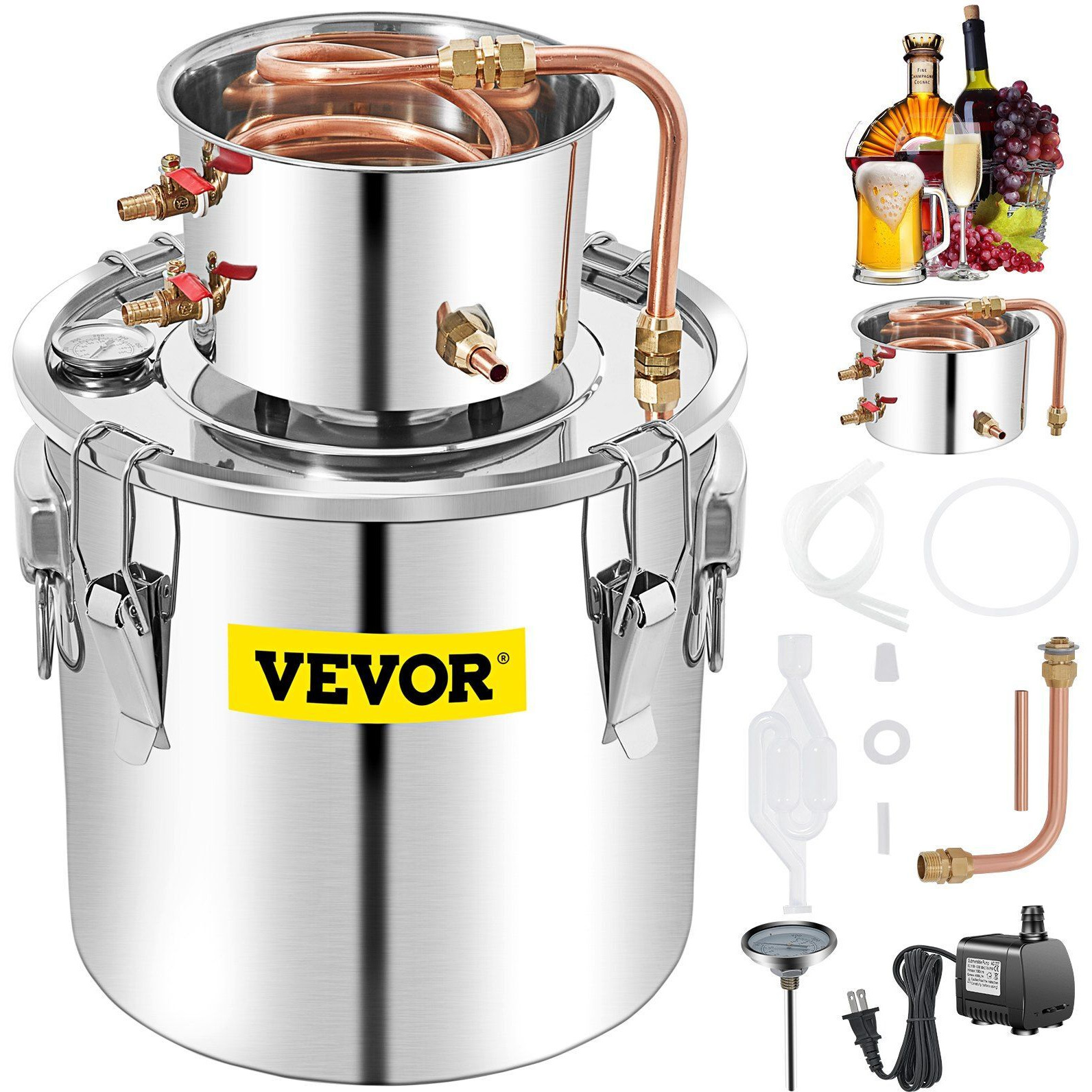 VEVOR Alcohol Still, 50L Distillery Kit w/Condenser & Pump, 13.2Gal Alcohol Still w/Copper Tube, Whiskey Distilling Kit w/Build-in Thermometer, Whiskey Making Kit for DIY Alcohol, Stainless Steel