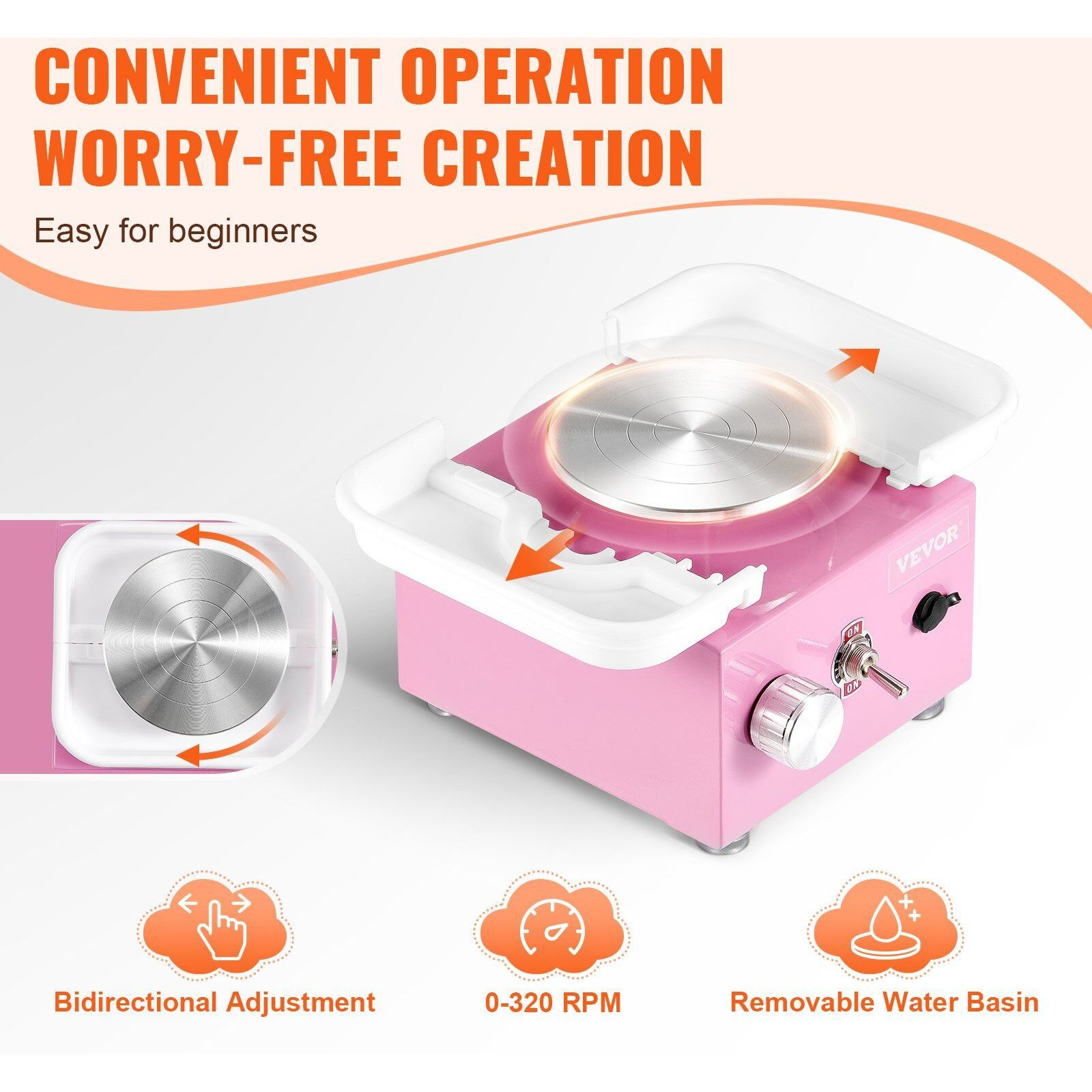 VEVOR Mini Pottery Wheel Electric Ceramic Wheel Machine 0-320RPM Speed Pink