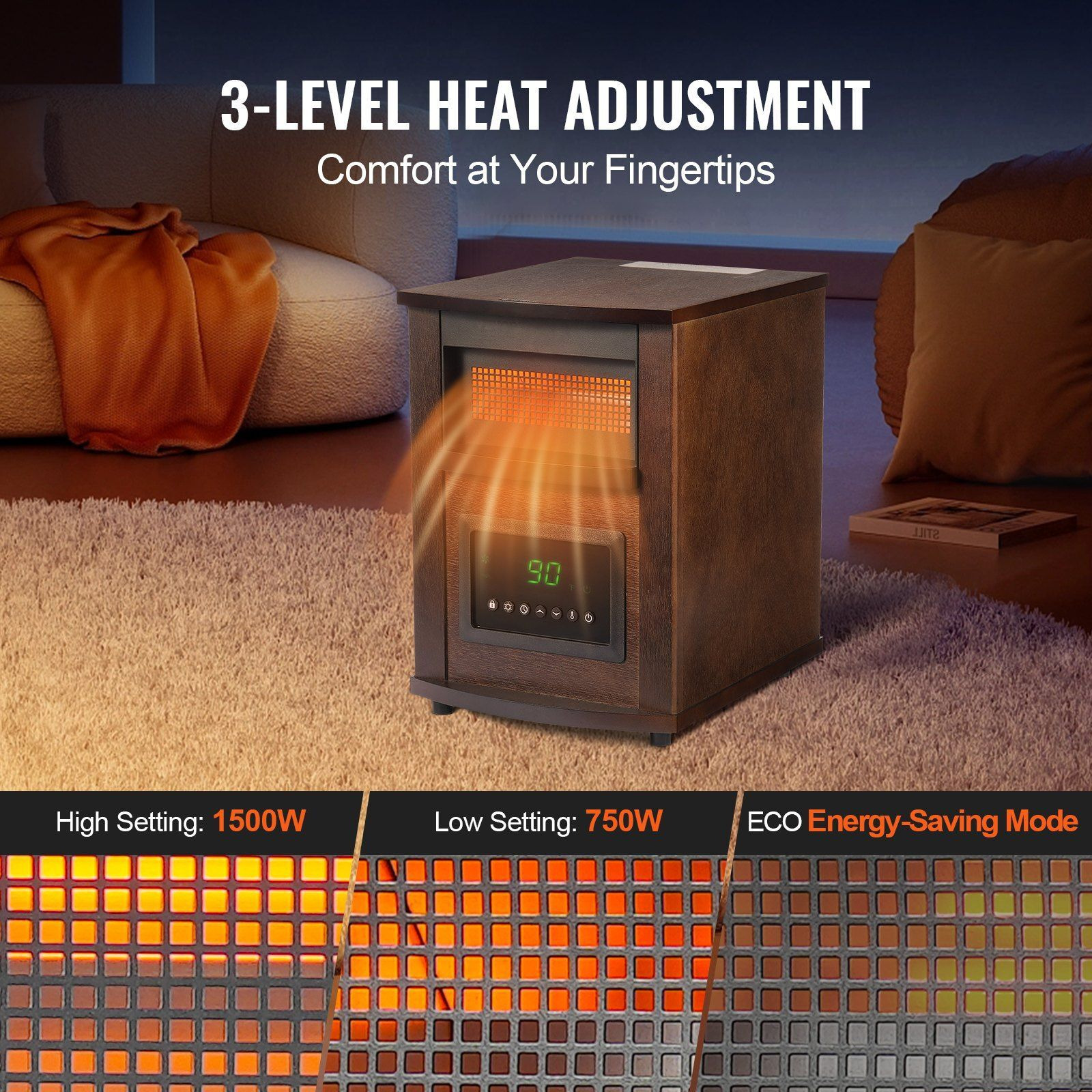 VEVOR Infrared Heater, 1500W Remote Control Electric Space Heater, LED Patio Heater w/ 3 Speeds & Timer & Overheat/Tip-Over Protection & Child Lock, for Bedroom,Living Room,Nursery,Studio,MDF