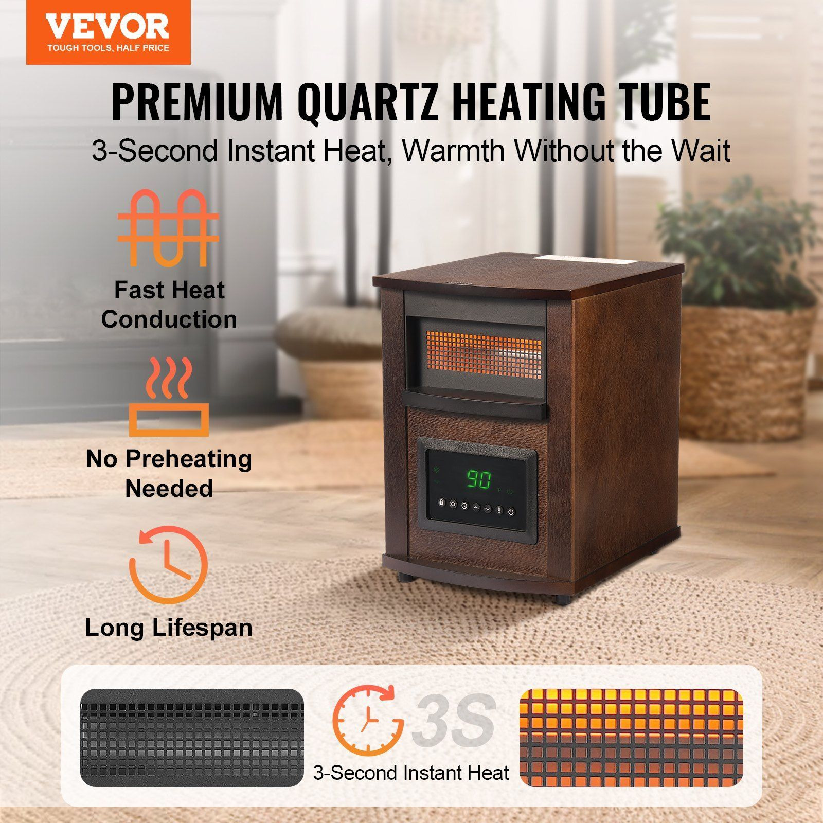 VEVOR Infrared Heater, 1500W Remote Control Electric Space Heater, LED Patio Heater w/ 3 Speeds & Timer & Overheat/Tip-Over Protection & Child Lock, for Bedroom,Living Room,Nursery,Studio,MDF
