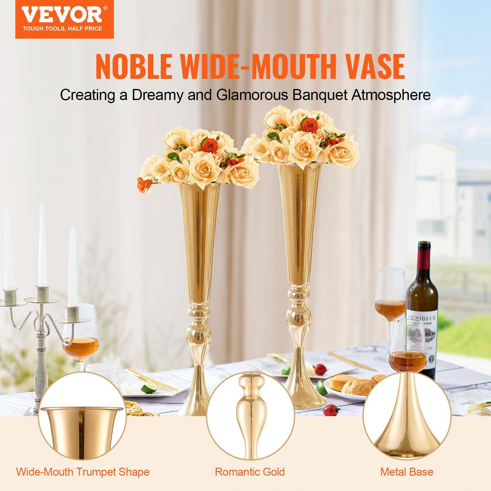 VEVOR 2PCS 56cm/22.05' Tall Wedding Flower Vase Metal Gold Trumpet for Tables