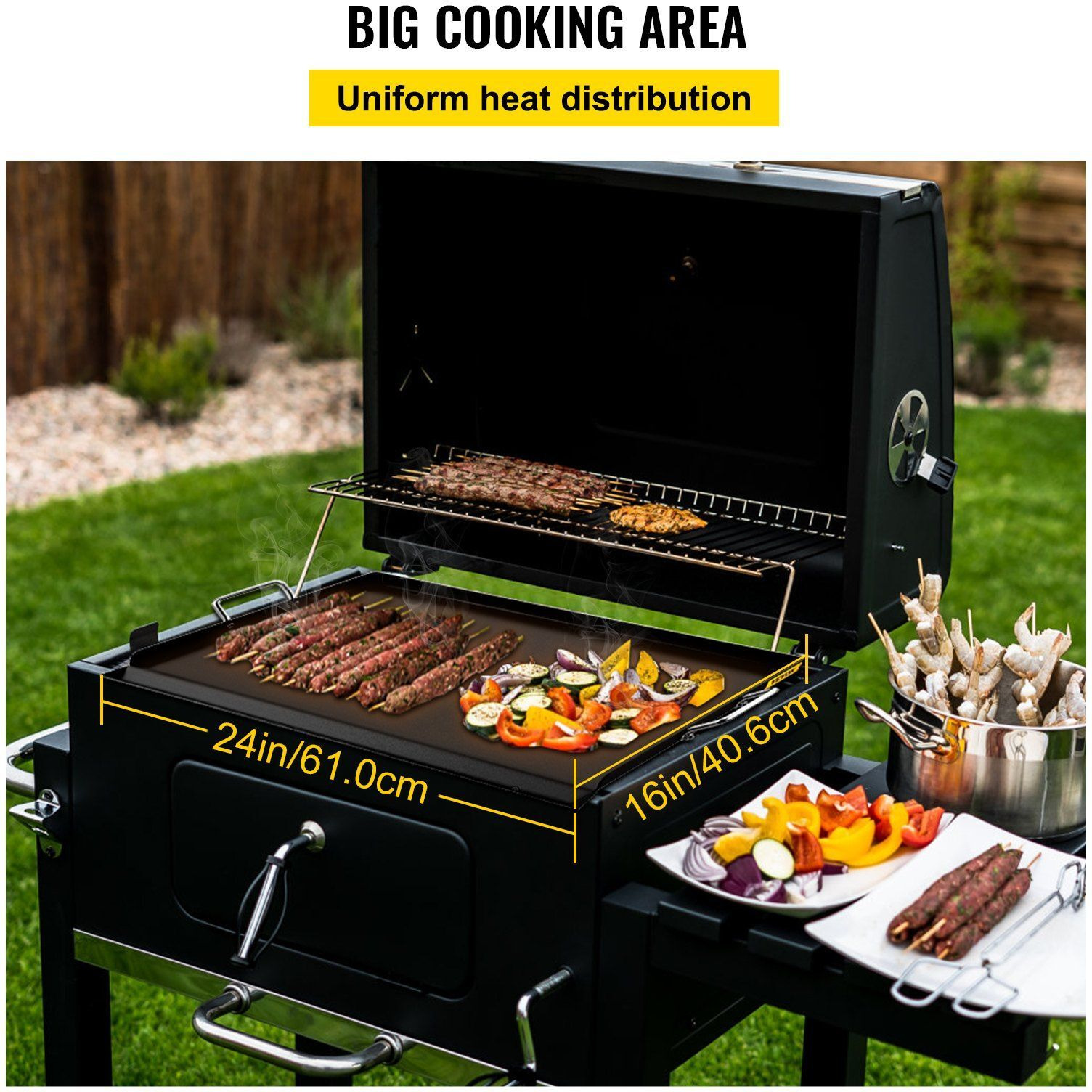 VEVOR Carbon Steel Griddle, 16" x 24" Griddle Flat Top Plate, Griddle for BBQ Charcoal/Gas Gril with 2 Handles, Rectangular Flat Top Grill with Extra Drain Hole for Tailgating and Parties