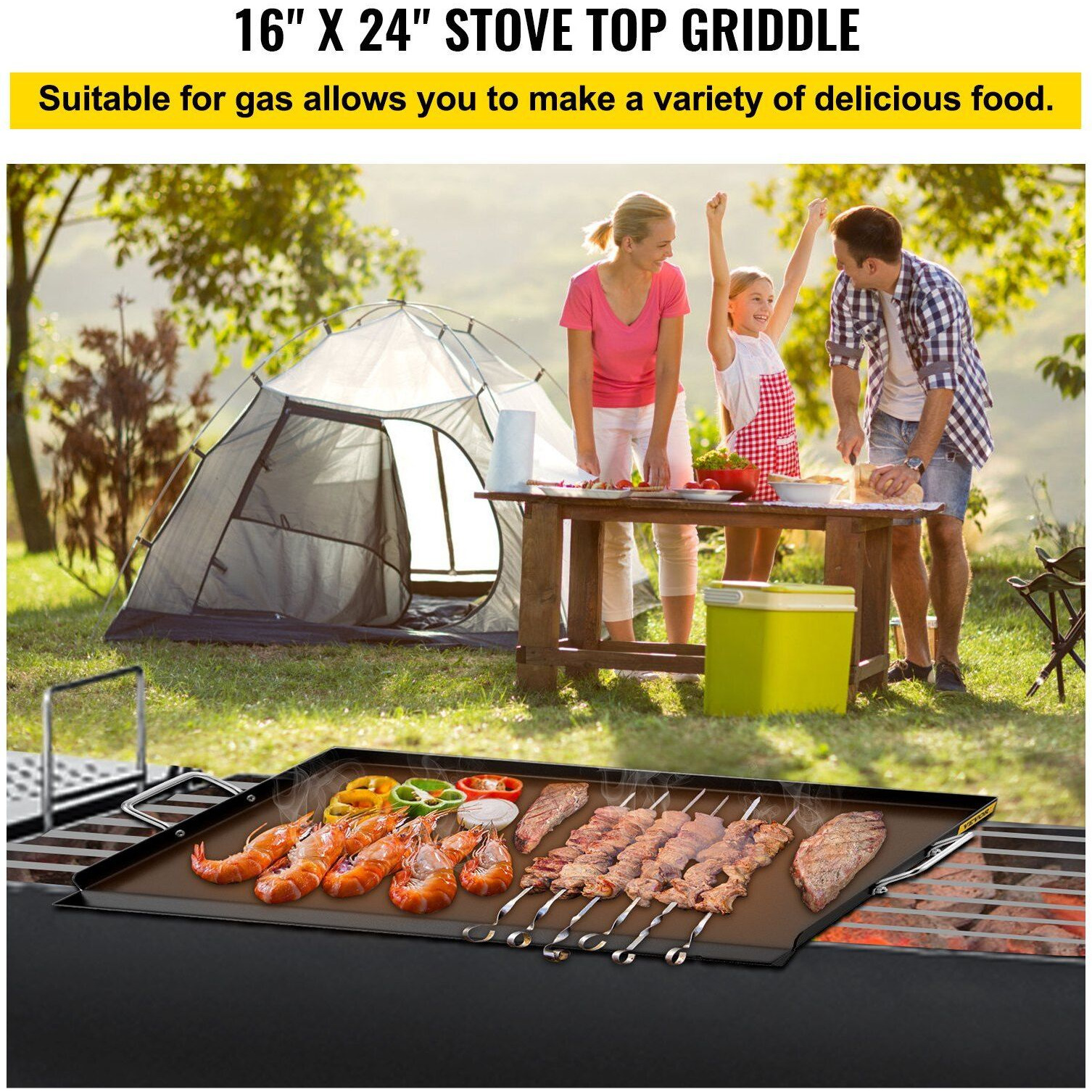 VEVOR Carbon Steel Griddle, 16" x 24" Griddle Flat Top Plate, Griddle for BBQ Charcoal/Gas Gril with 2 Handles, Rectangular Flat Top Grill with Extra Drain Hole for Tailgating and Parties
